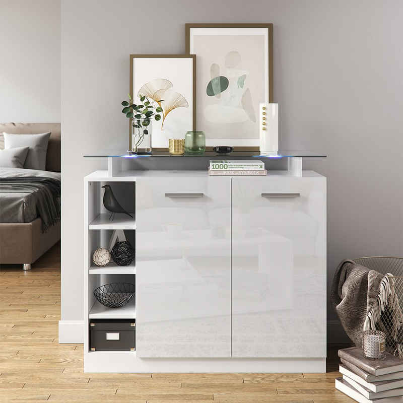 Vicco Kommode Highboard Sideboard ASTI 2 Türen LED Weiß Hochglanz