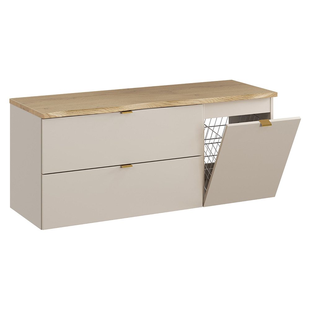 Lomadox Waschbeckenschrank DURANGO-56 120 cm breit in Kaschmir und Eiche mit Baumkantenoptik & Wäschekorb