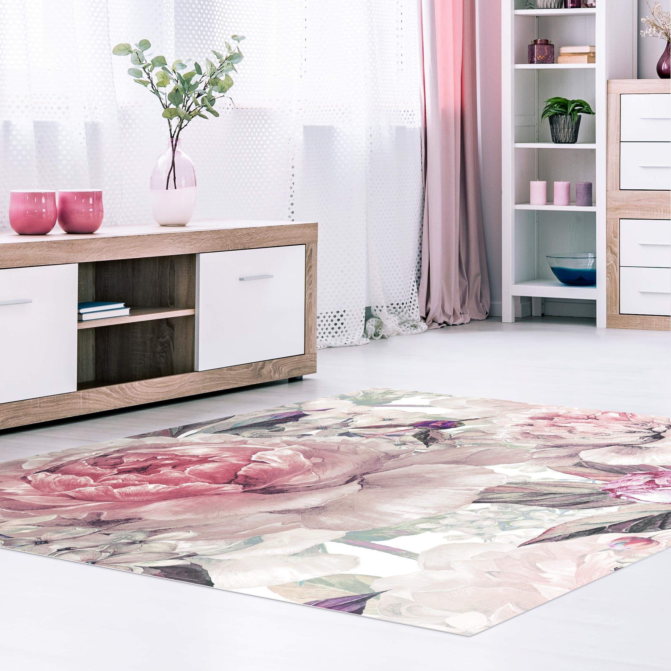 Bilderdepot24 Teppich Vinyl Wohnzimmer Schlafzimmer Flur Küche Blumen Landhaus, quadratisch - rosa glatt, nass wischbar (Küche, Tierhaare) - Saugroboter & Bodenheizung geeignet