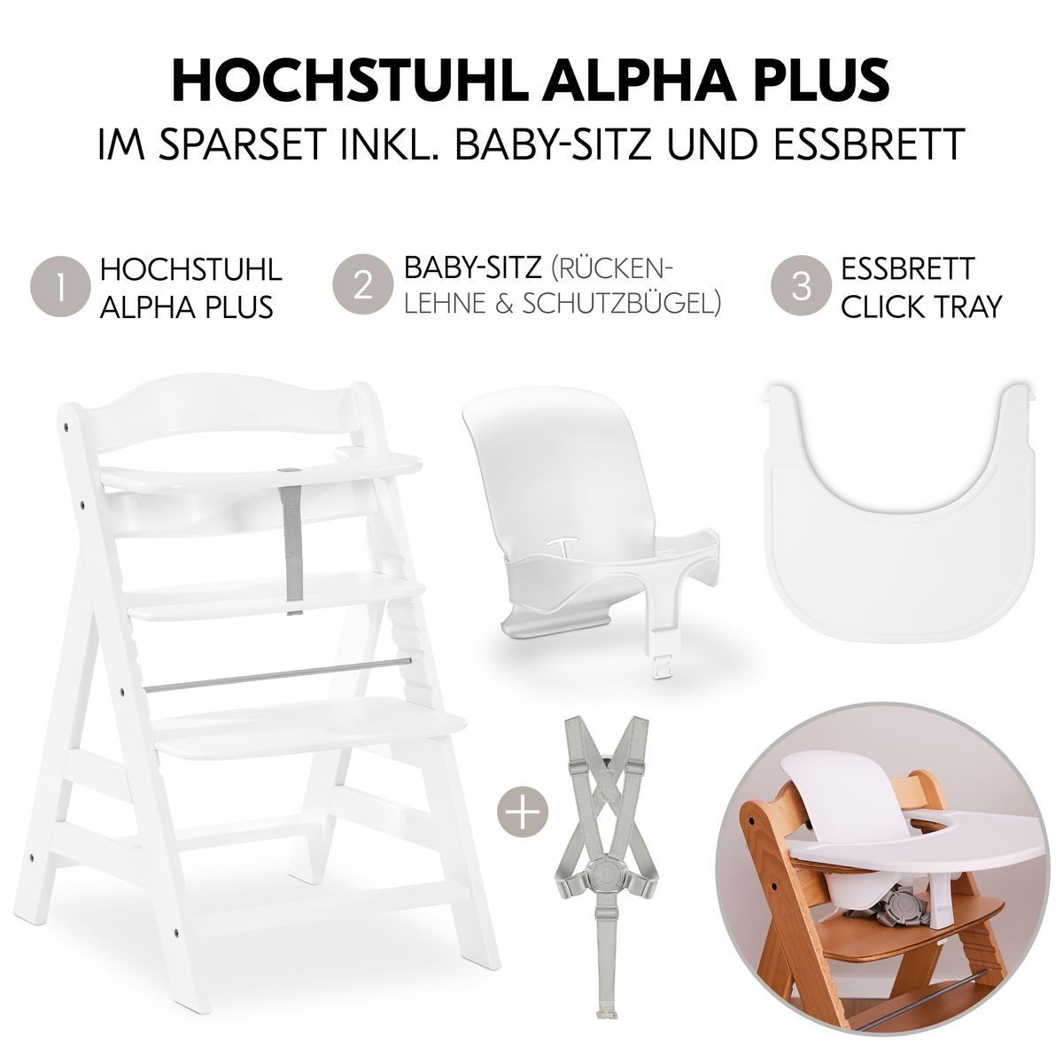 Hauck Hochstuhl Alpha Set - White, Mitwachsender Holz Kinderhochstuhl mit Essbrett Click Tray & Baby-Sitz