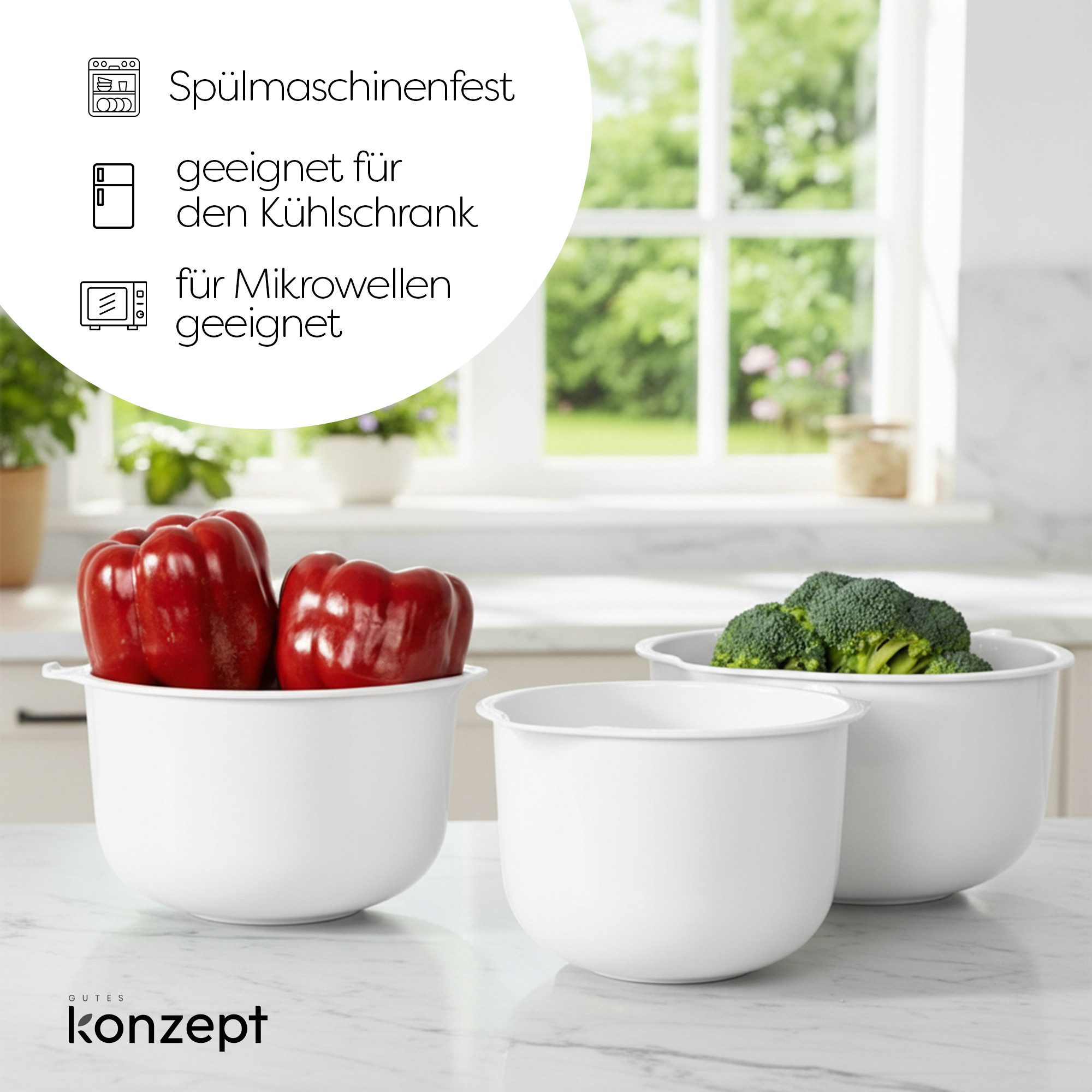 KONZEPT Rührschüssel Set 3-teilig aus Kunststoff – mit Ausgießer, anti-Rutsch-Boden, spülmaschinengeeignet,platzsparende Aufbewahrung – Bild 4 von 5