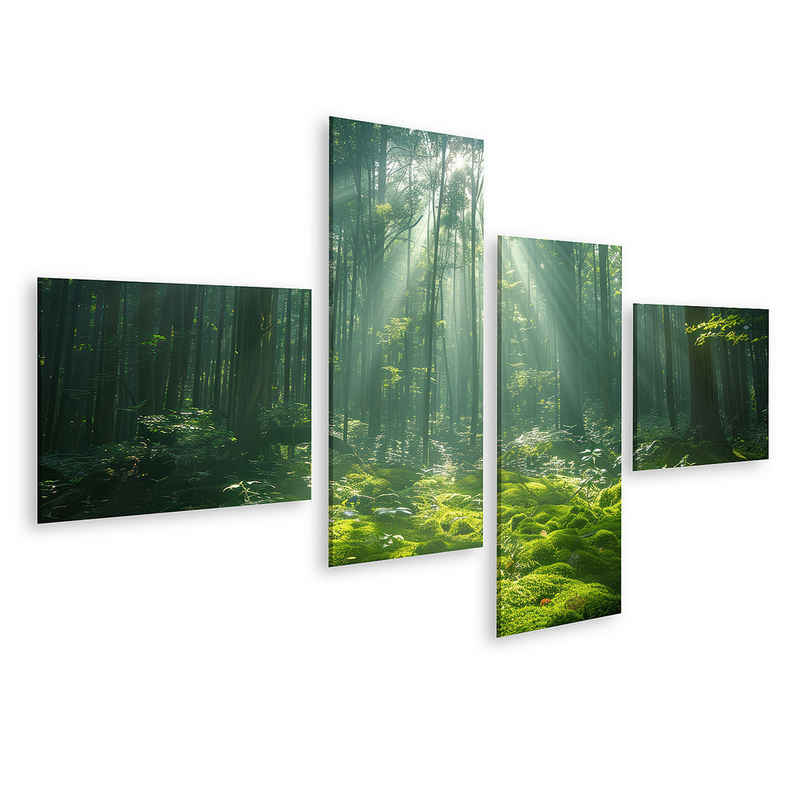 islandburner Leinwandbild Smaragdblätter filtern sanft Sonnenstrahlen, tupfen den Waldteppich za