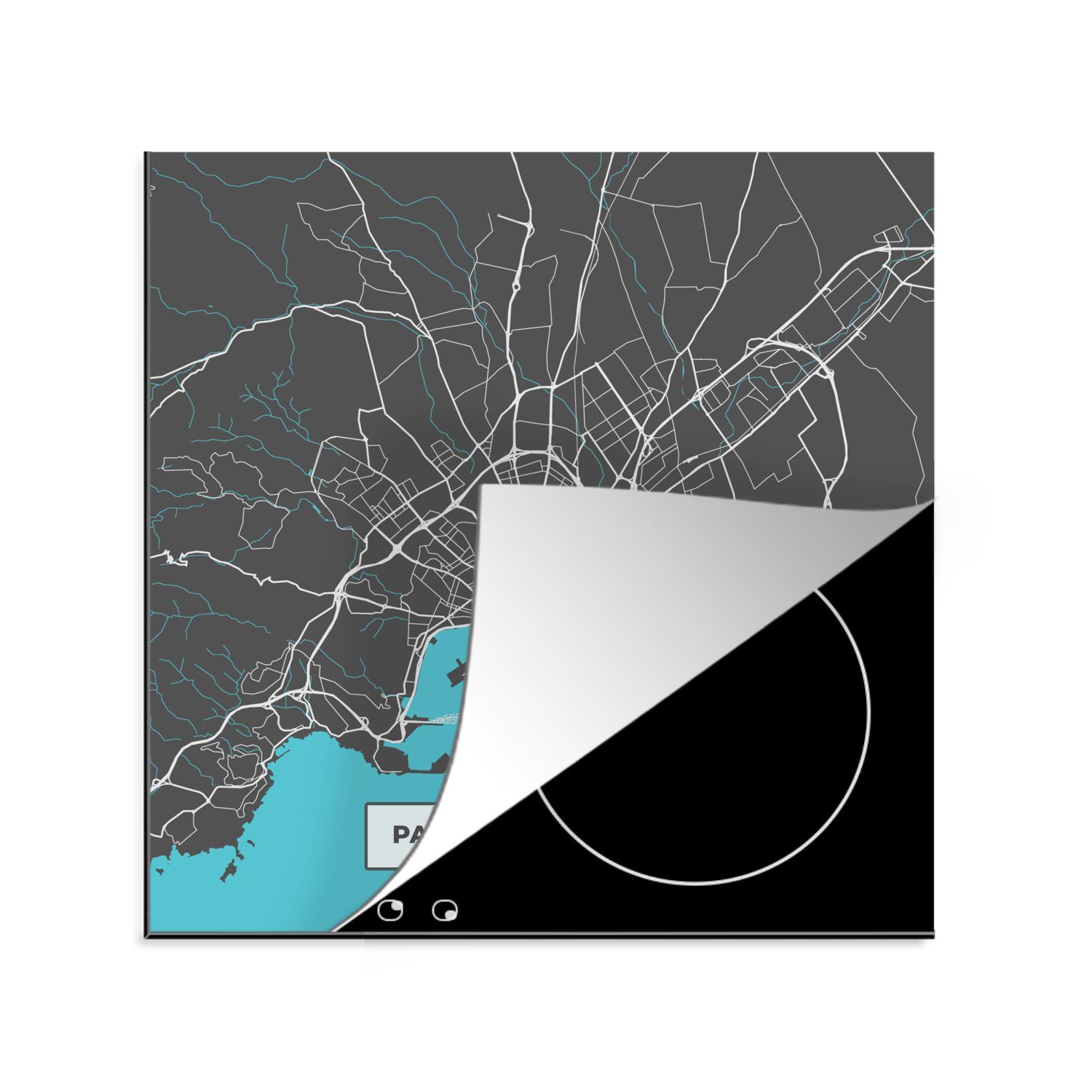 küche MuchoWow Karte, Stadtplan Ceranfeldabdeckung, Vinyl, 78x78 cm, Arbeitsplatte tlg), - Mallorca - - Blau für (1 Herdblende-/Abdeckplatte