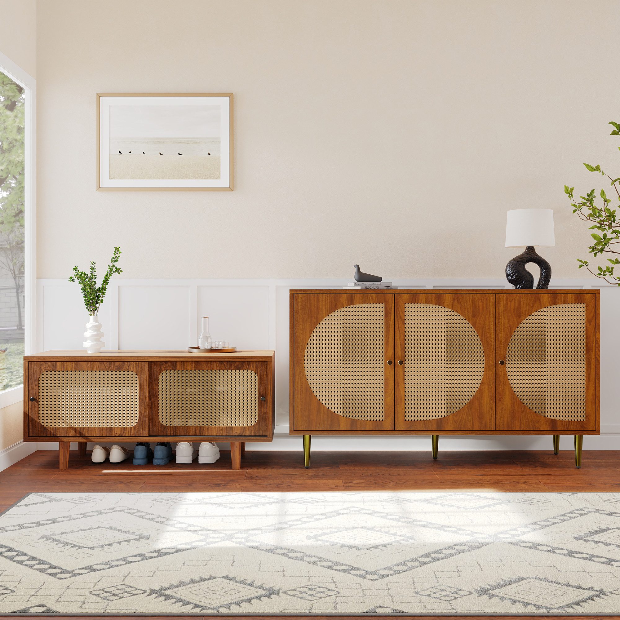 REDOM Wohnzimmer-Set Rattan Sideboard Set Walnussfarben mit, (2-St., Kommode 129.8*40*76cm,Schuhschrank 104*40*48cm), Kombination aus Rattan-Kommode und Schuhschrank