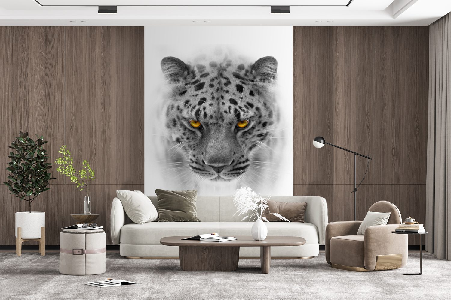 Montagefertig Tapete Tier, (3 - Schwarz Matt, für Fototapete - bedruckt, Wohnzimmer, St), Wandtapete Weiß - Leopard MuchoWow Vinyl