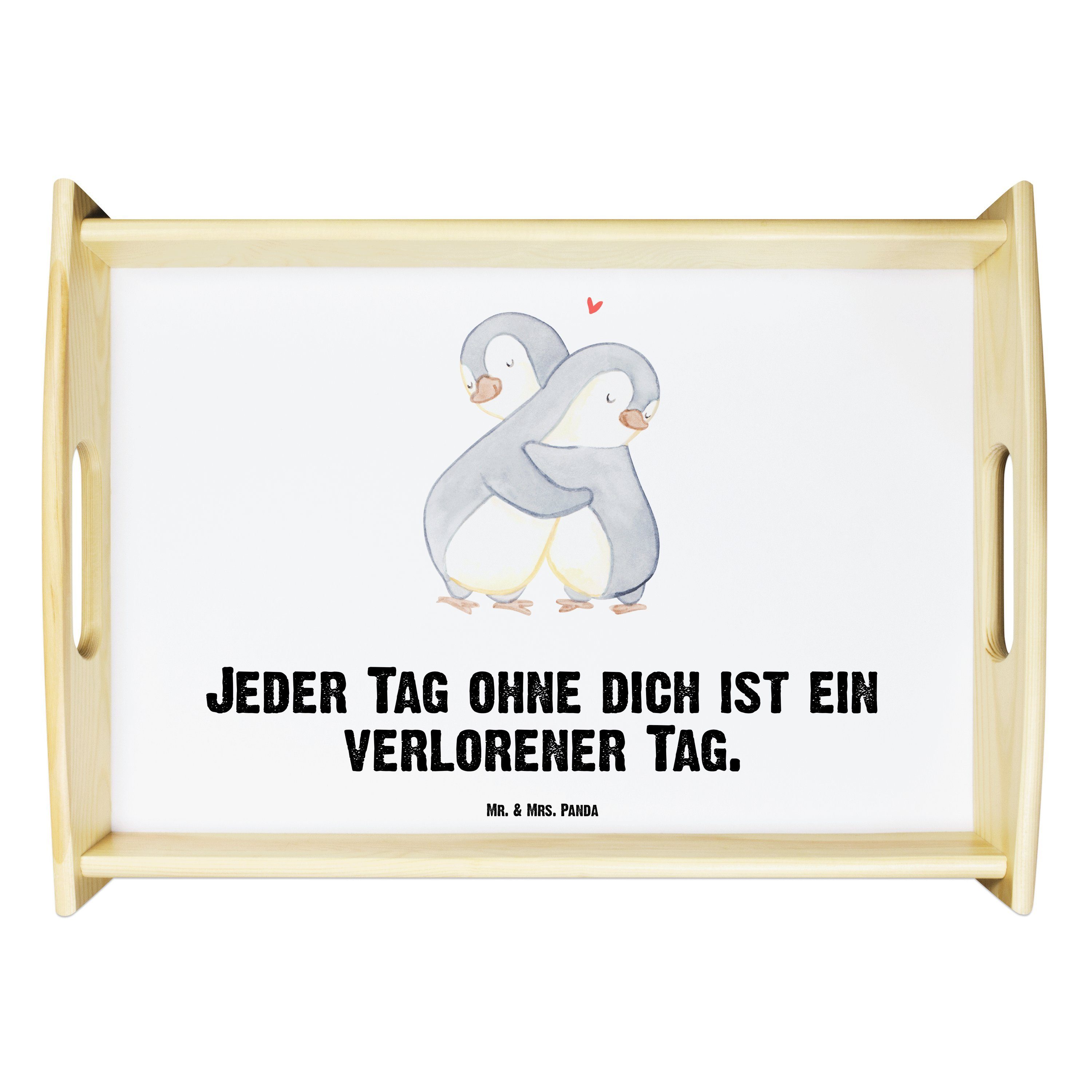 Mr. & Mrs. Panda Tablett Pinguine Kuscheln - Weiß - Geschenk, Geschenk für Frauen, Dekotablett, Echtholz lasiert, (1-tlg)