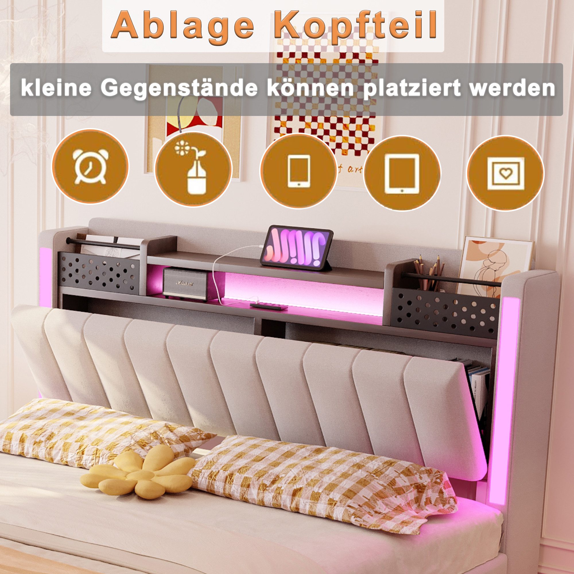 Flieks Polsterbett, LED Schwebebett Doppelbett 140x200cm mit USB-Aufladen und Stauraum