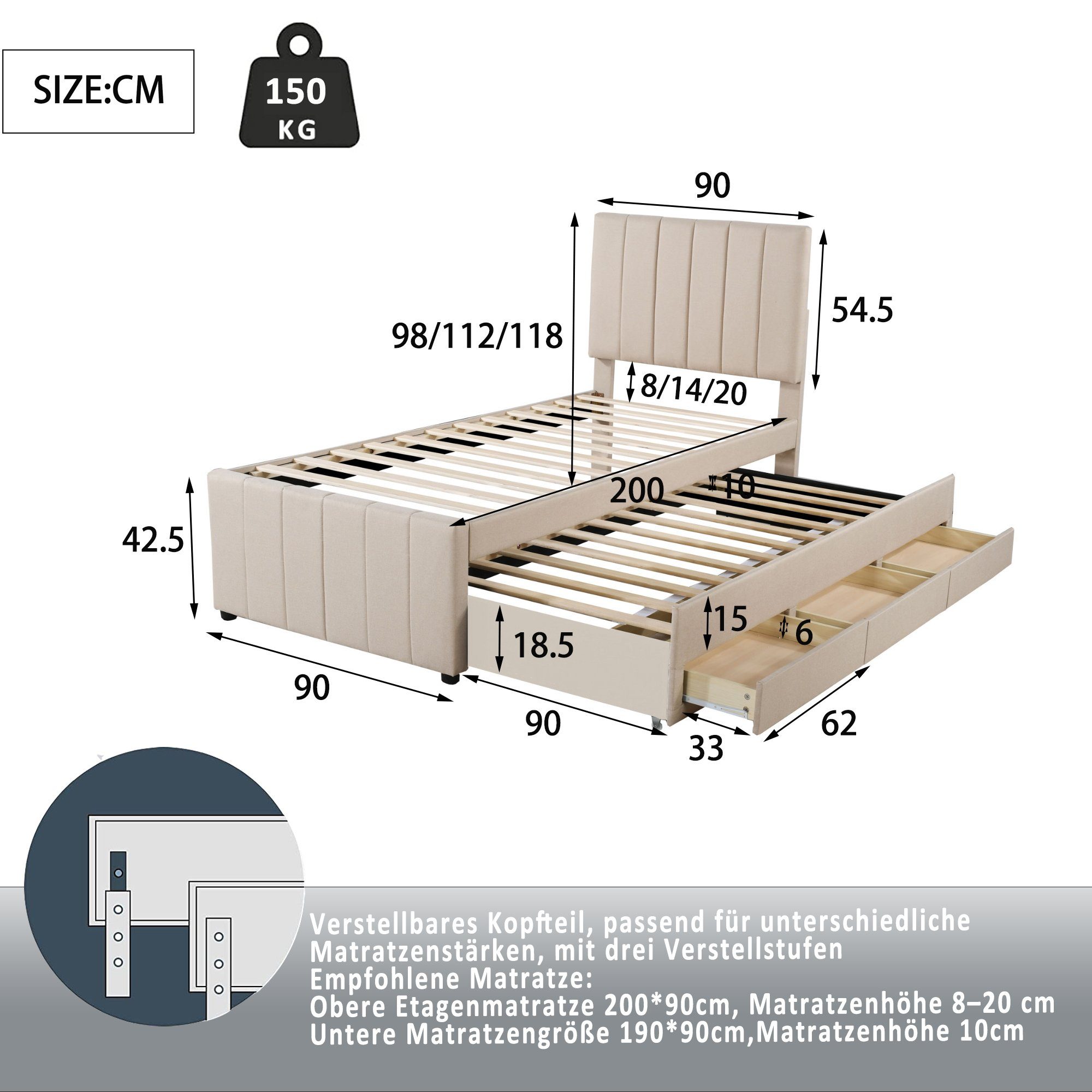 Polsterbett (Einzelbett 90x200cm), mit 3 Schubladen und Ausziehbett 90x190cm, Bezug aus Baumwolle-Leinen