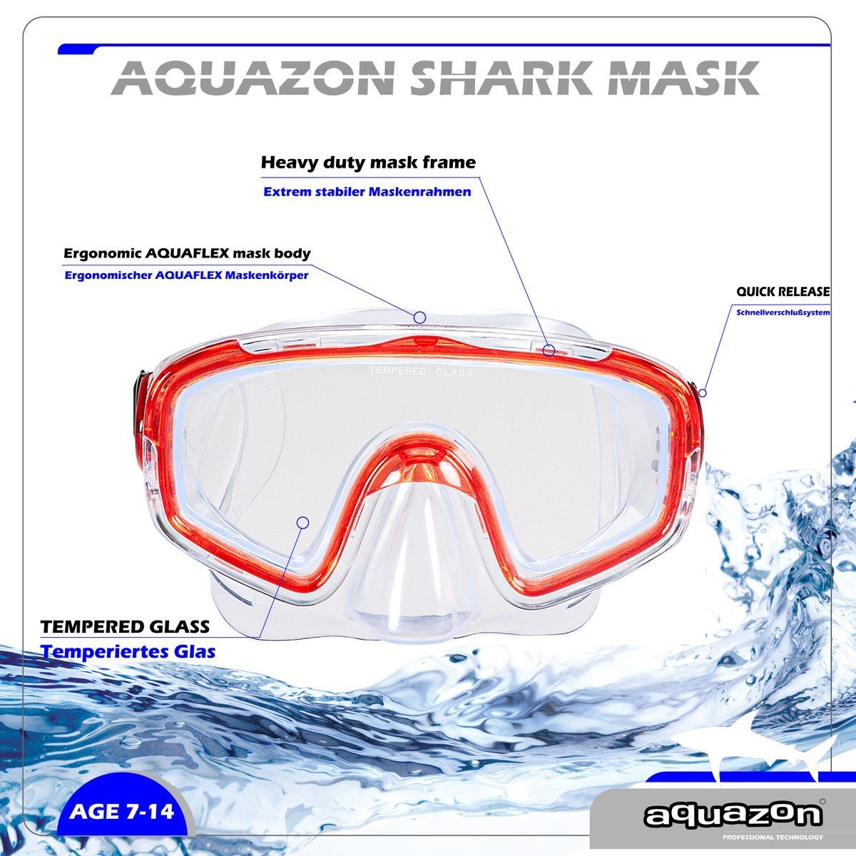 Kinder Schnorchelbrille 7-12 transparent AQUAZON rot für SHARK, Jahre Taucherbrille