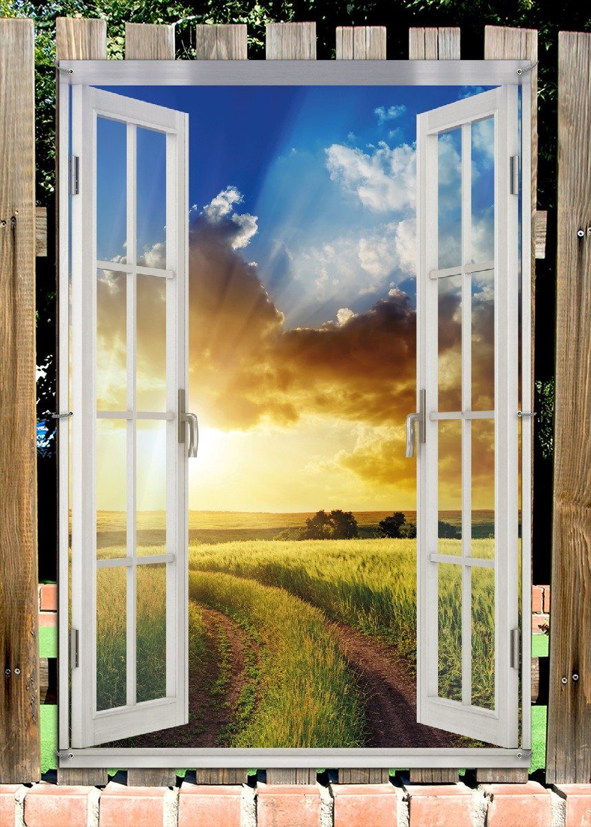 Thumbnail - Wallario Sichtschutzzaunmatten Feldweg in den Sonnenuntergang, mit Fenster-Illusion