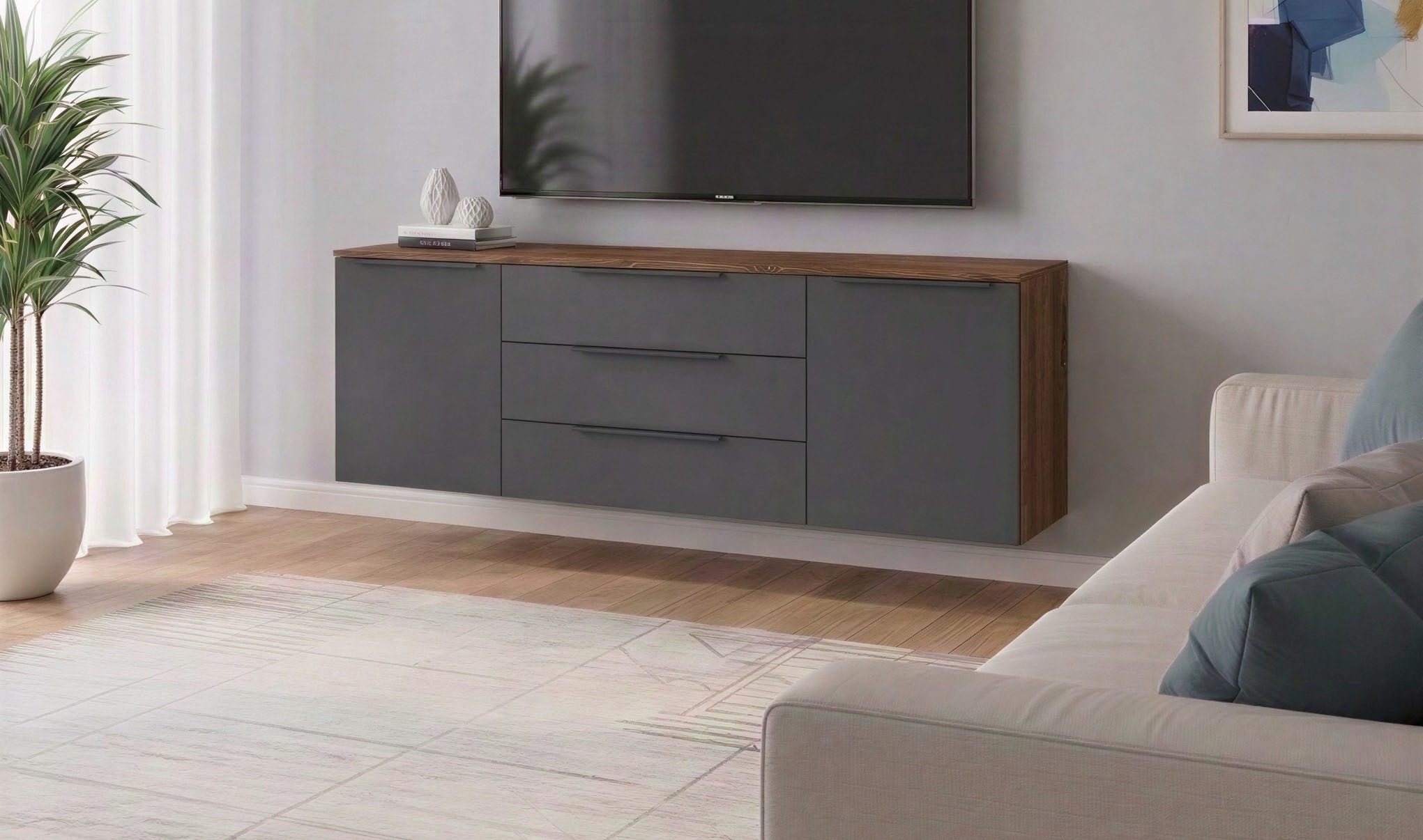 borchardt Möbel Sideboard Tom, Kommode Breite 166cm, hängend oder stehend mit Metallgriffen, 2 Türen 3 Schubkästen, verstellbare Einlegeböden