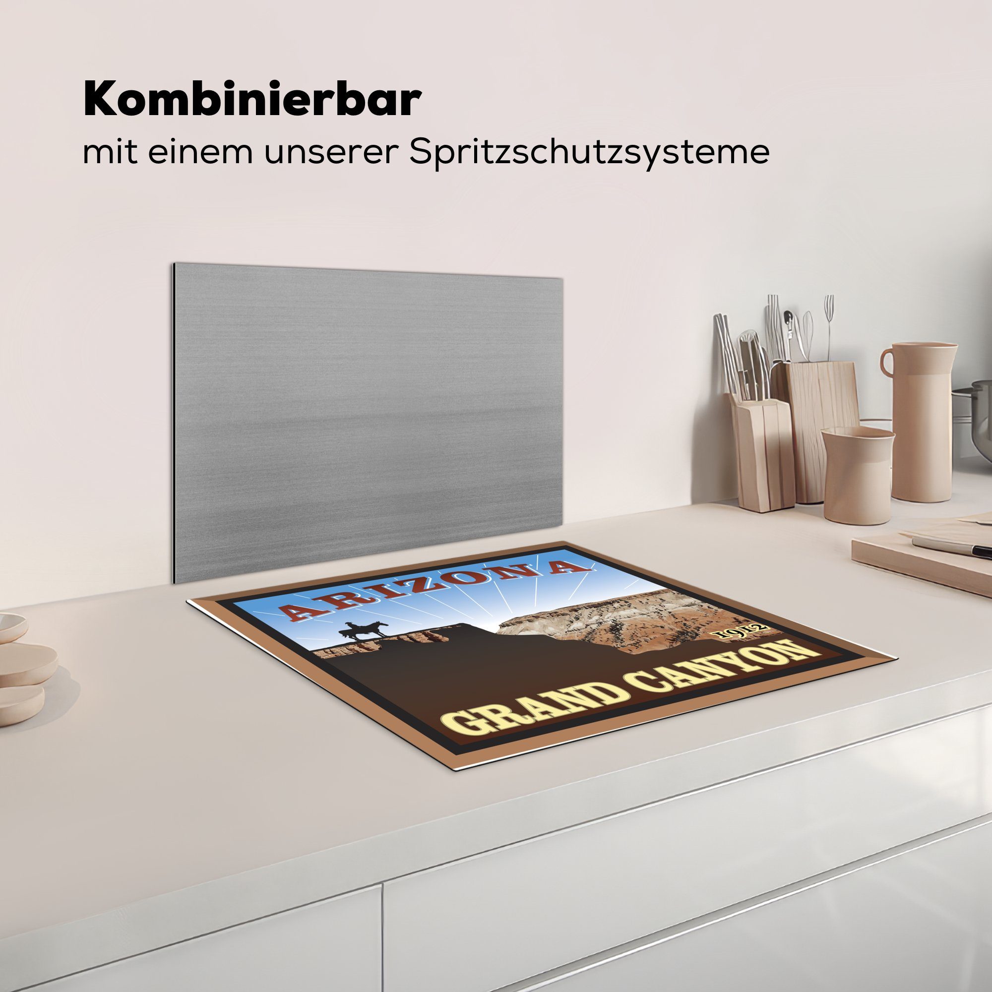 einem tlg), Induktionskochfeld, Herdblende-/Abdeckplatte (1 57x51 MuchoWow Person am einer Pferd Illustration Ceranfeldabdeckung Grand Induktionsschutz, Vinyl, mit cm, Canyon,