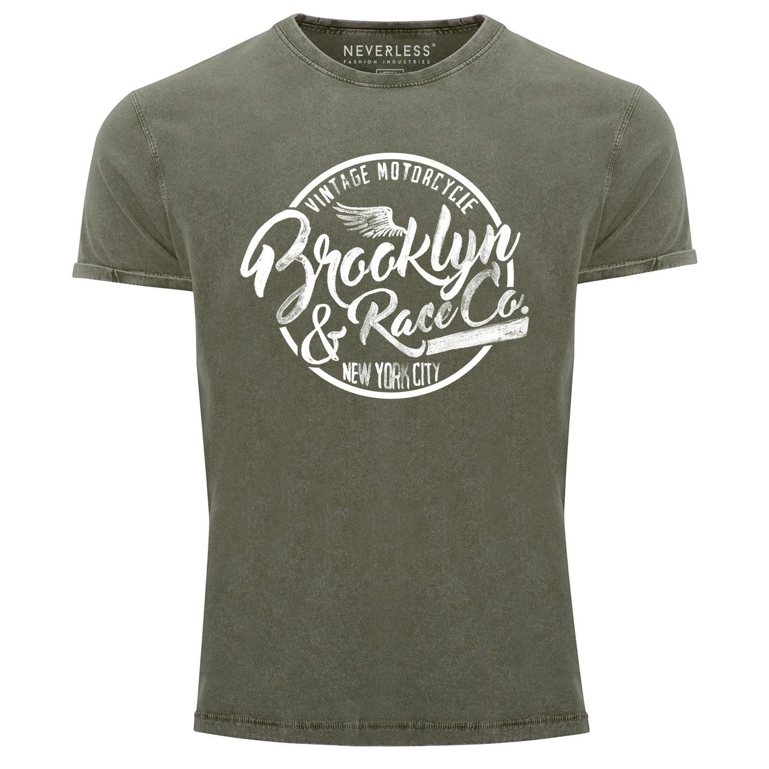 Neverless® Angesagtes Neverless Print-Shirt Slim mit Brooklyn Look oliv T-Shirt Vintage Print Used Shirt Cooles Herren Fit Racing