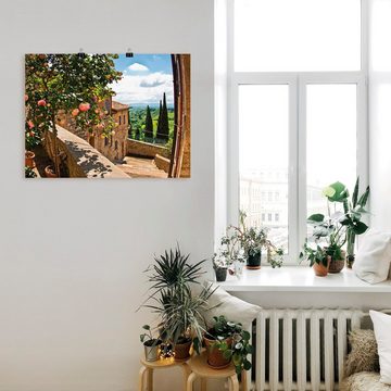 Artland Wandbild Rosen auf Balkon Toskanalandschaft, Garten (1 St), als Alubild, Outdoorbild, Leinwandbild, Poster, Wandaufkleber