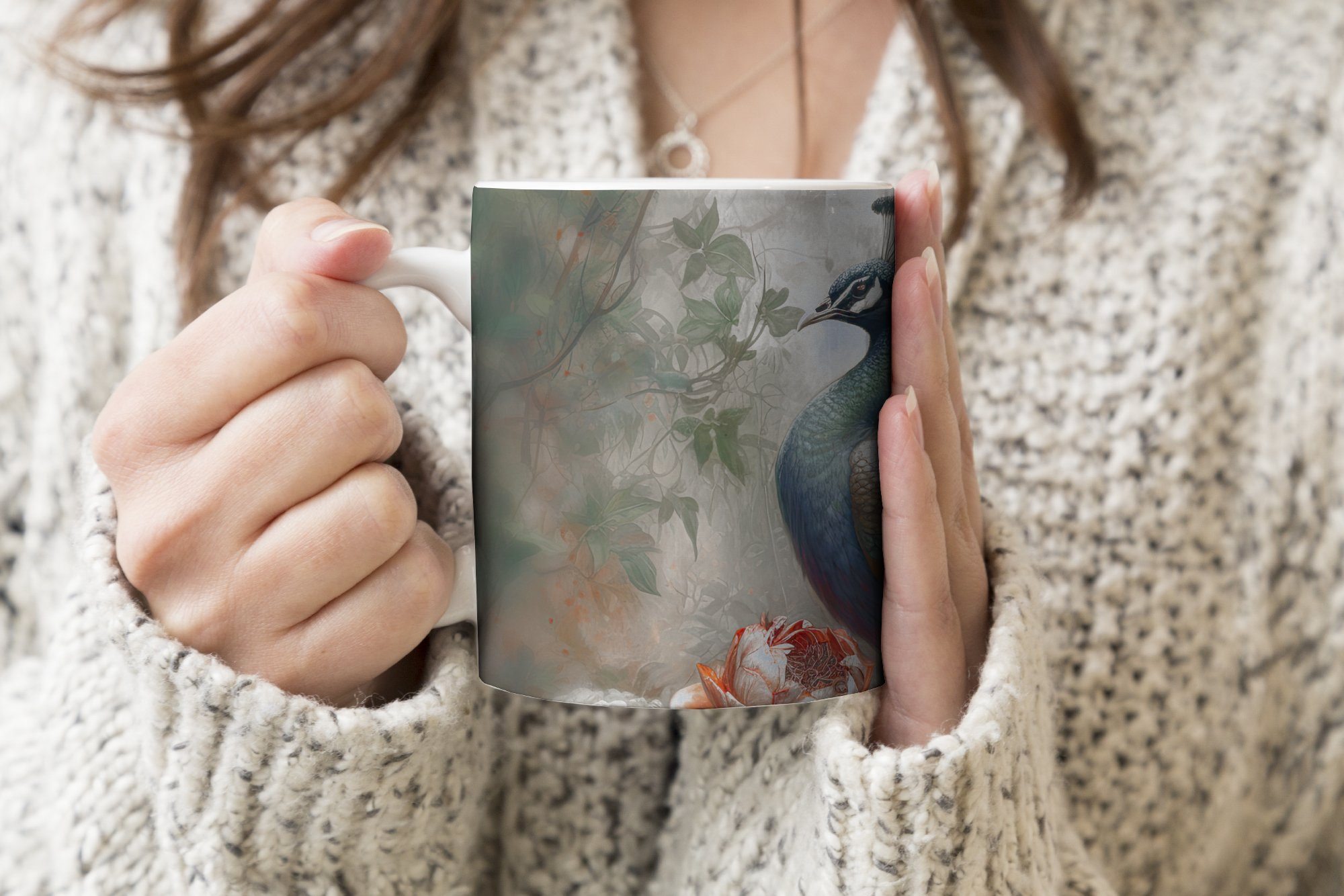 MuchoWow Tasse Pfau - - - Becher, Dschungel Teetasse, Blumen, Teetasse, Pfauenfedern - Vogel Keramik, Kaffeetassen, Geschenk