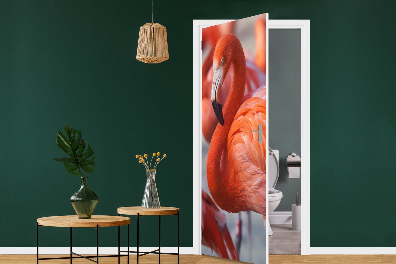MuchoWow Türtapete Flamingo - Vogel Matt, cm bedruckt, Rosa, Tür, (1 - Türaufkleber, St), Fototapete Tiere - 75x205 für