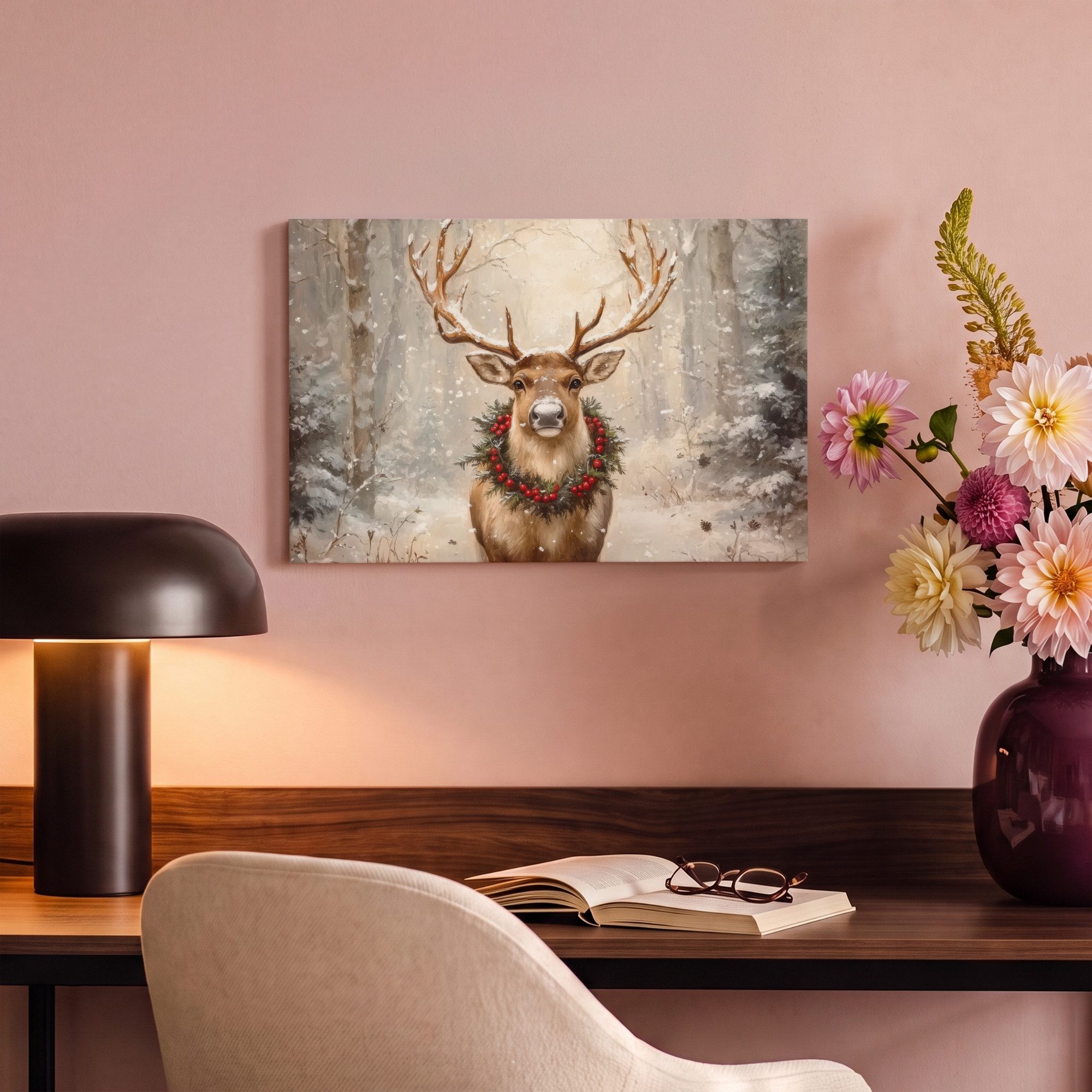 OneMillionCanvasses® Leinwandbild Weihnachten - Rentier - Winter - Kranz, Fotodruck (1 St), Wandbild, Deko Schlafzimmer Wohnzimmer Flur 20x20 cm – Bild 4 von 5