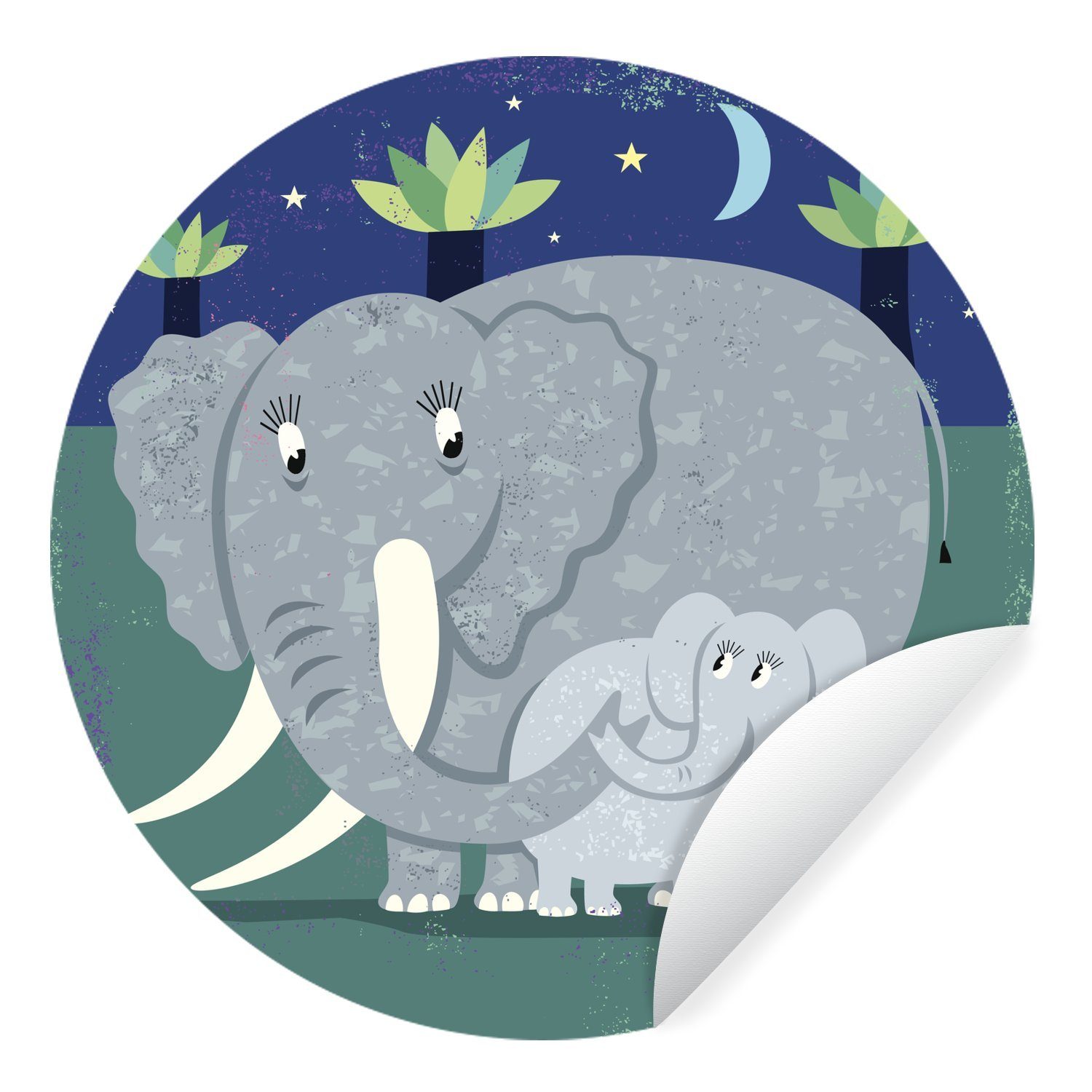 MuchoWow Wandsticker Eine Illustration eines großen Elefanten mit einem Elefantenbaby (1 St), Tapetenkreis für Kinderzimmer, Tapetenaufkleber, Rund, Wohnzimmer