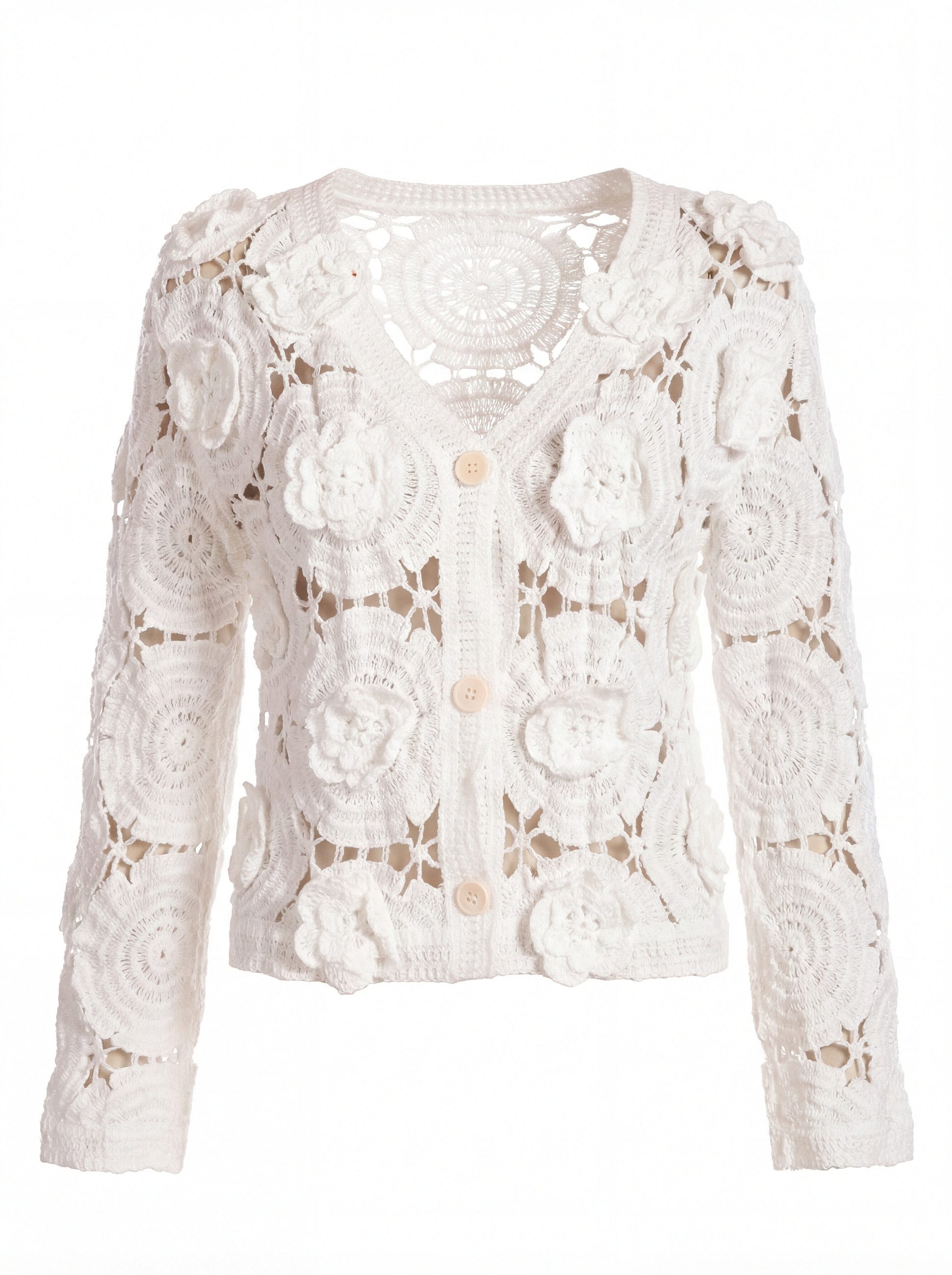 PEKIVESSA Cardigan Häkeljacke mit Blütenapplikationen Taillenlange Passform günstig online kaufen