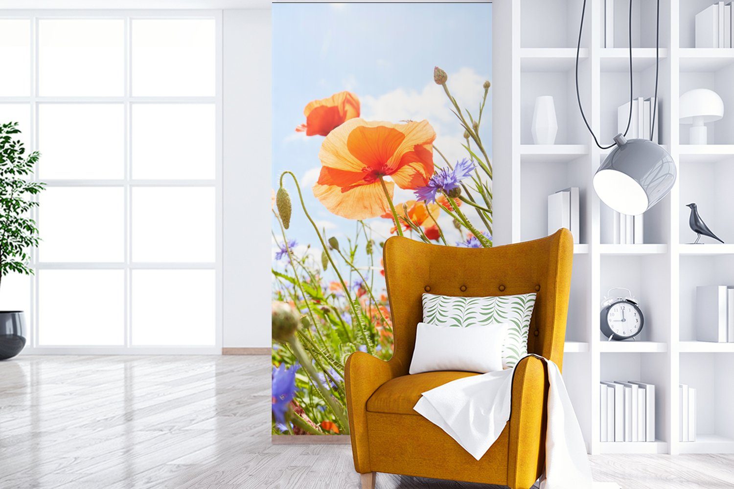 MuchoWow Fototapete Blumen - Schlafzimmer Küche, Vliestapete - für Blau, bedruckt, - (2 Matt, - Frühling - Fototapete Natur Rot Mohn St), Wohnzimmer