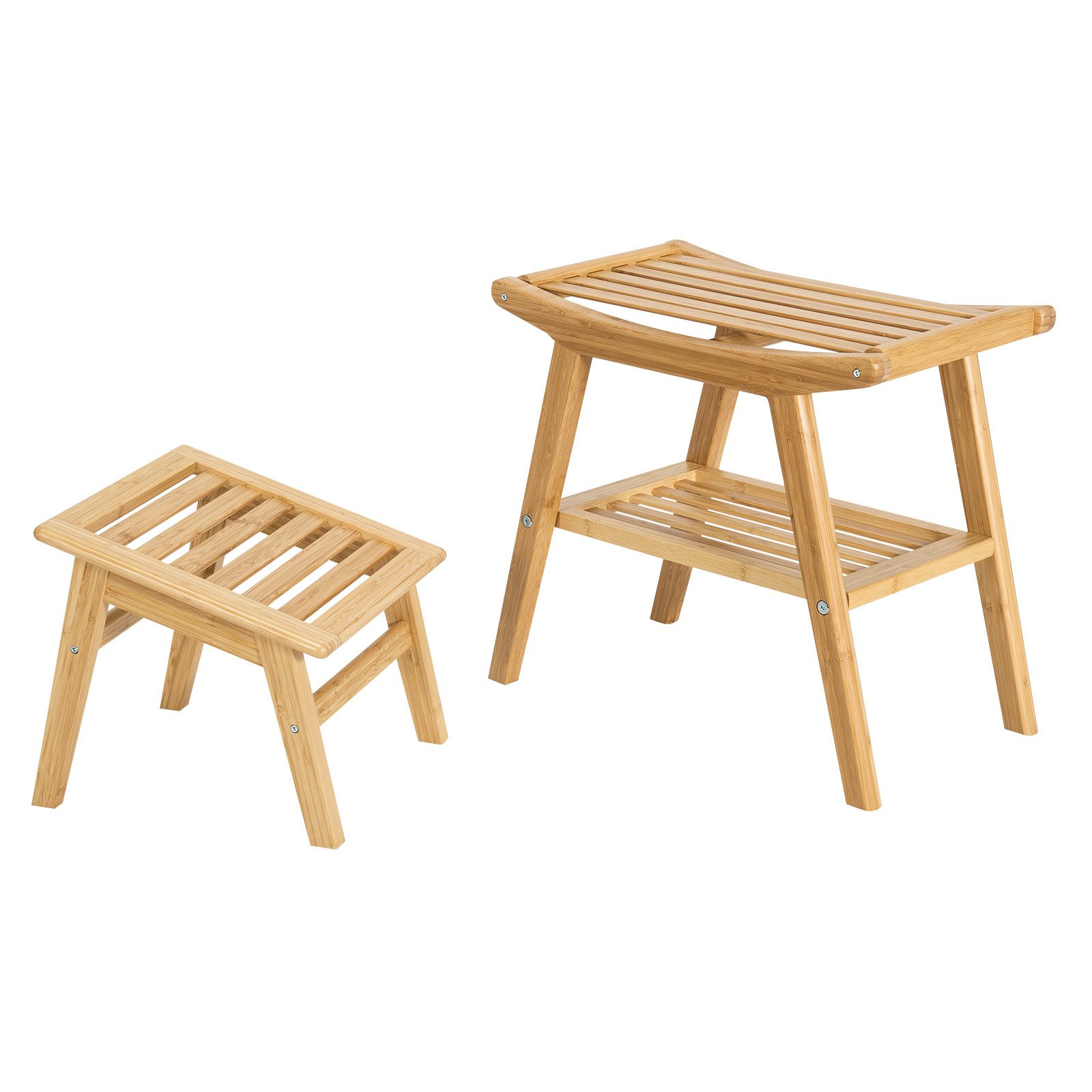 COSTWAY Duschhocker, belastbar bis 150 kg, mit Fußhocker, Fach, Bambus