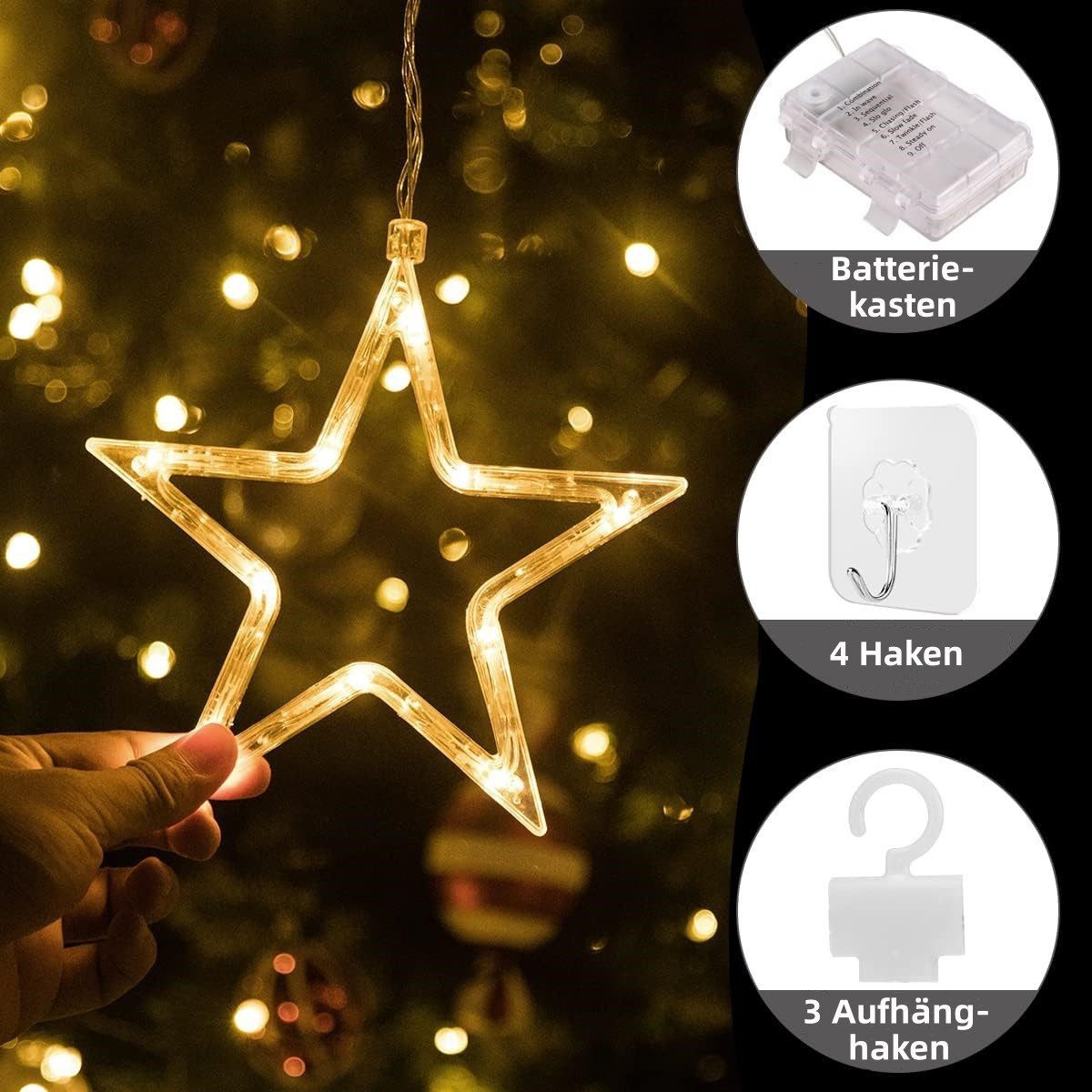 Elegear LED-Lichterkette Weihnachtsdeko Fenster Stern, beleuchtete Weihnachtsbeleuchtung, Lichterkette Sterne mit Timer Innen/Außen, Weihnachtsstern Fensterdeko