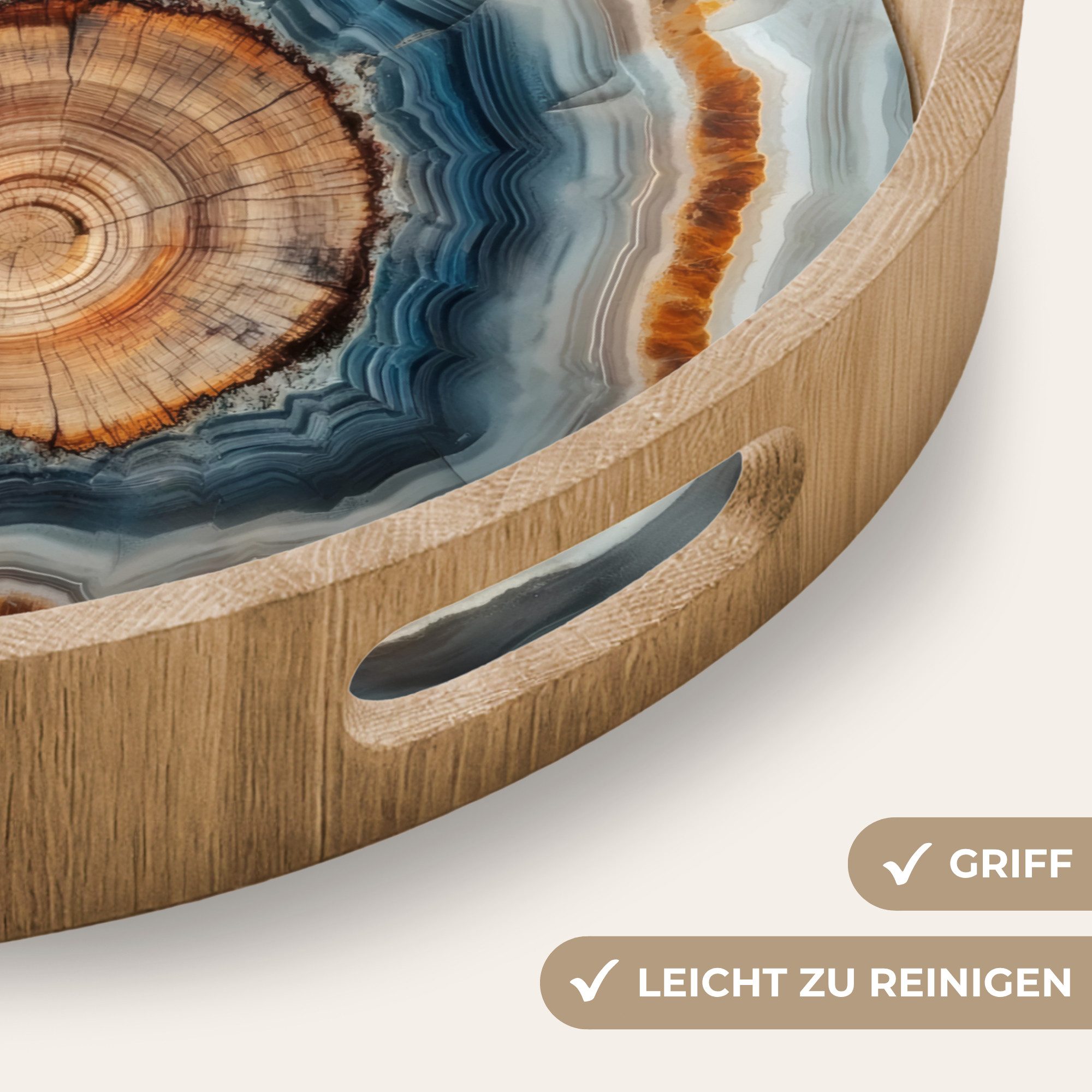 OnlyWow Tablett Rund mit Henkel Kreis - Ringe - Stein - Schattierungen, Eichenholz, (1-tlg), Siervierplatte, Tray, Frühstücksbrett – Bild 3 von 5