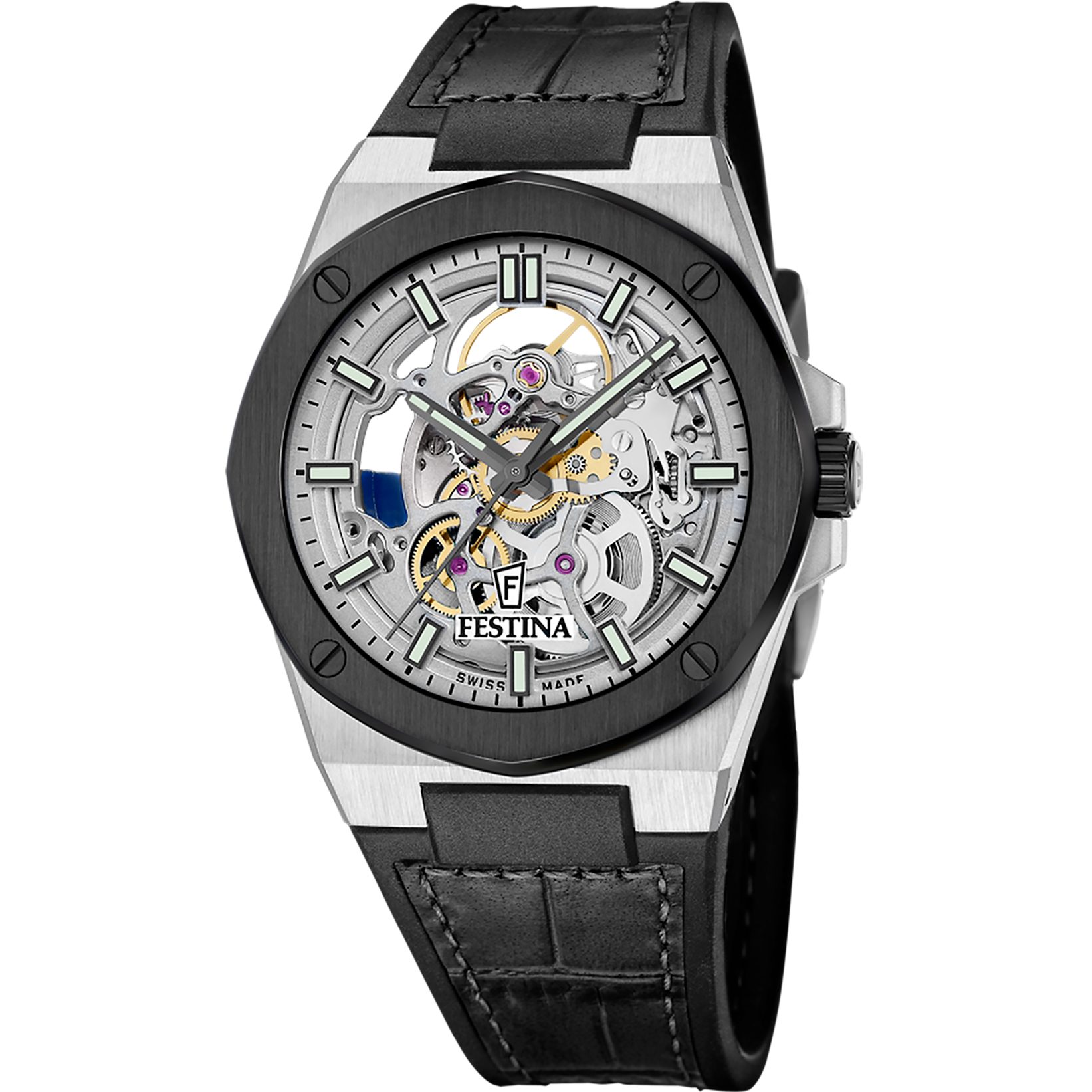 Festina Automatikuhr Automatic F22009_1, Armbanduhr, Herrenuhr, Swiss Made, Mechanische Uhr, Lederarmband