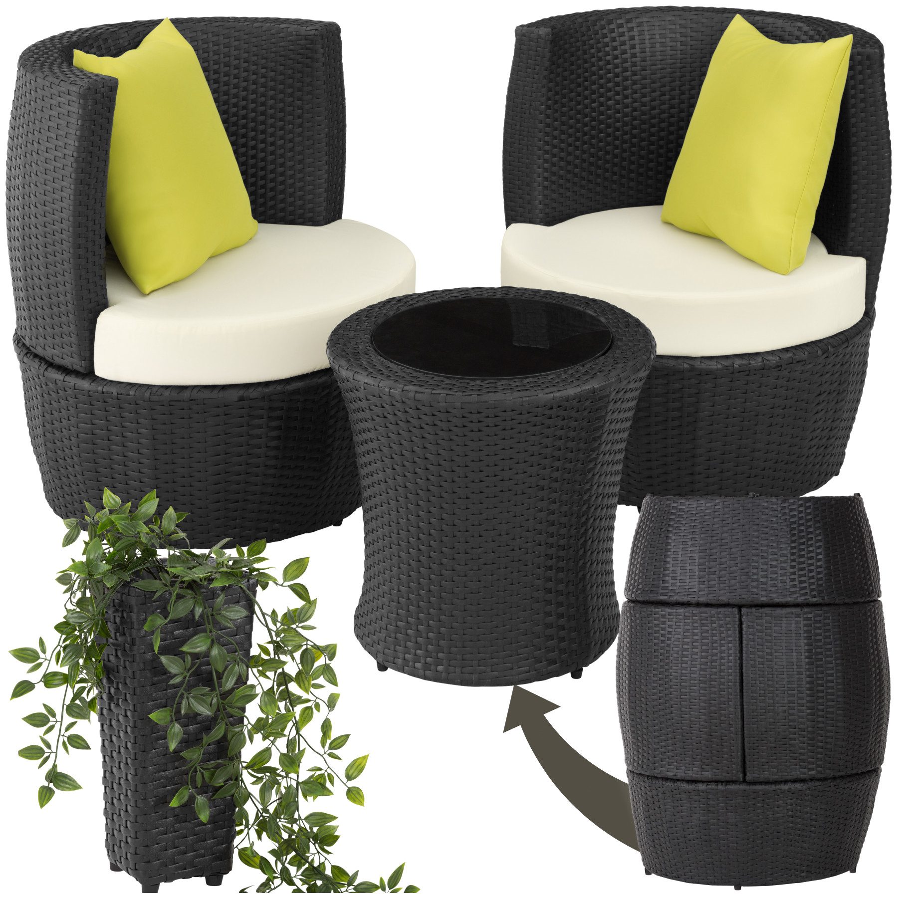 tectake Sitzgruppe Aluminium Rattan Gartenlounge, stapelbar, mit Sicherheitsglasplatte, (Loungeset Nizza, 4-tlg., für Außen in Schwarz), wetterfest und UV-beständig, gepolstert, inklusive Vase und Kissen