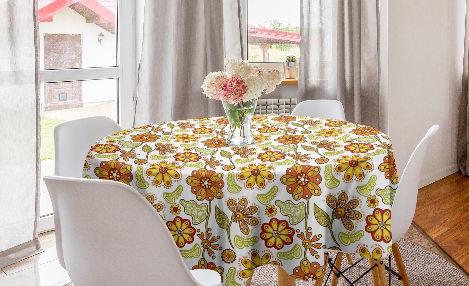 Abakuhaus Tischdecke Kreis Tischdecke Abdeckung für Esszimmer Küche Dekoration, Blumen Bunte Cartoon-Blumen