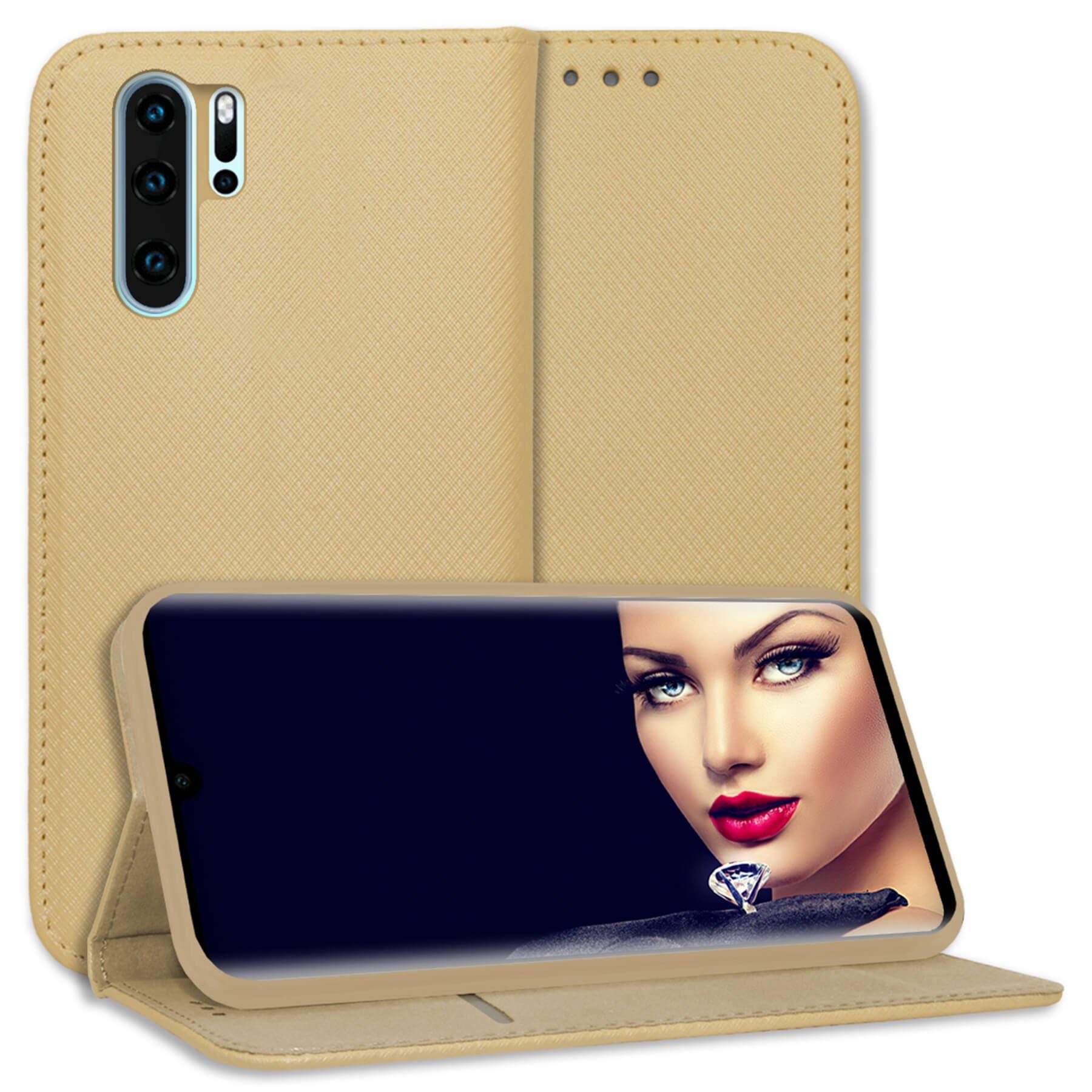 mtb more energy Smartphone-Hülle Smart Magnet für Huawei P30 Pro, Gold, Bookstyle Klapphülle Cover Wallet Case aus Kunstleder