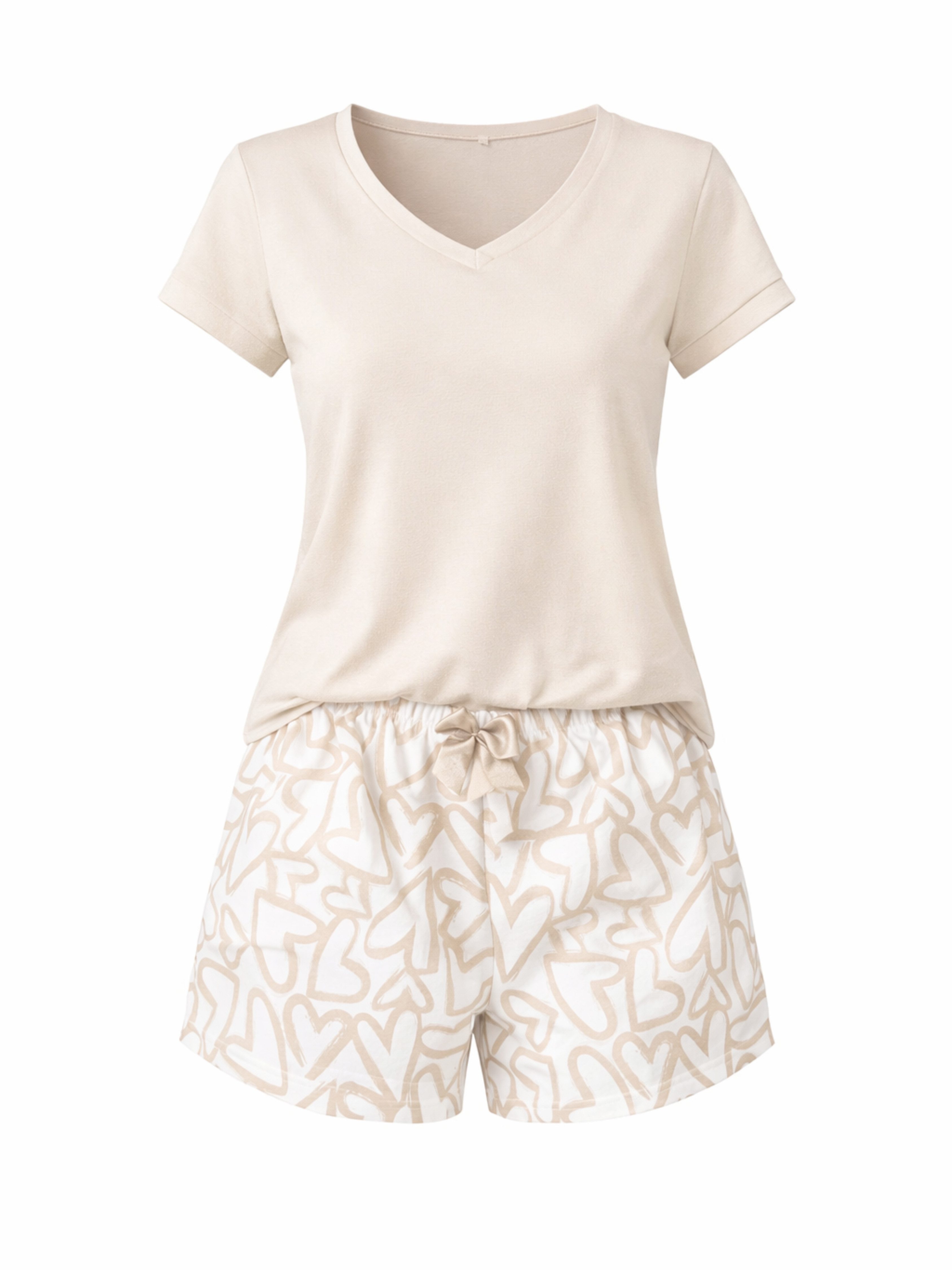 Donna Shorty Damen Pyjama Baumwolle kurz (2 tlg) Sommer Schlafanzug Damen kurz, bequem & weich, Uni Shirt Beige