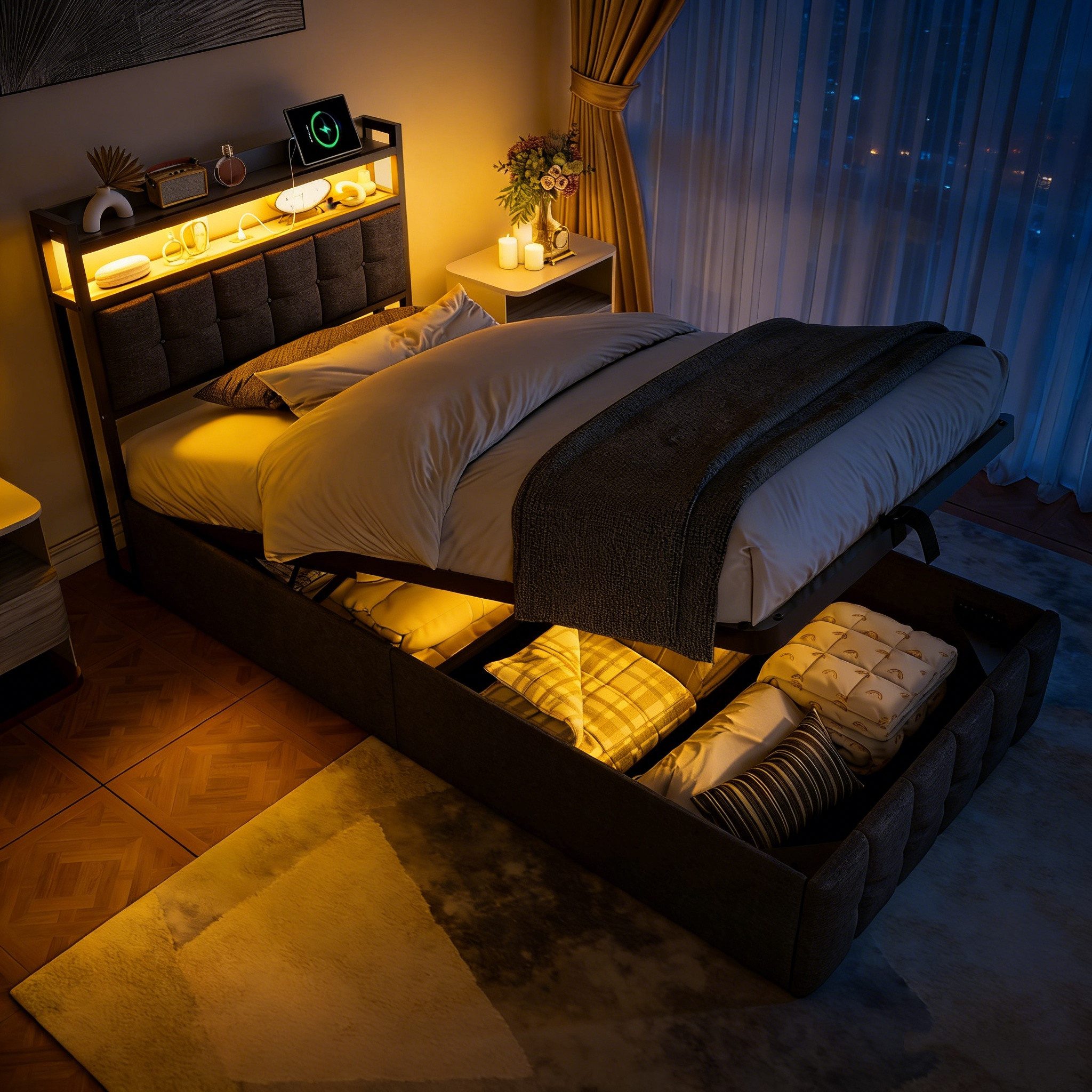 PXloue Polsterbett LED Einzelbett 90x200cm mit Ladefunktion und hydraulischem Stauraum, Geeignet für kleine Wohnungen (mit zusätzlichem Stauraum)