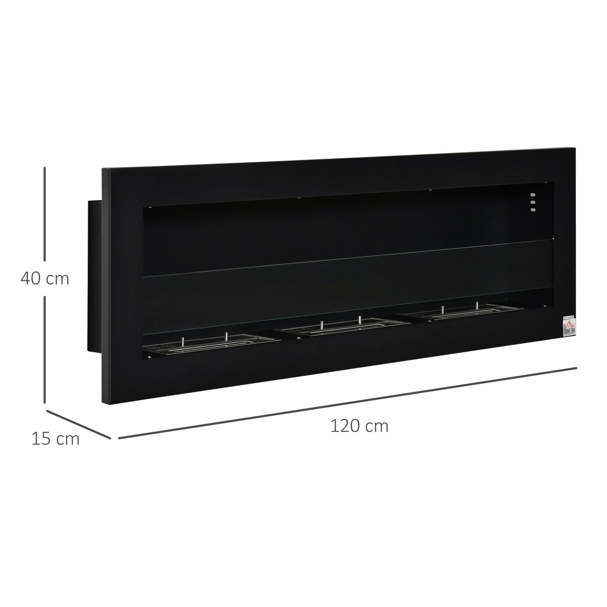 HOMCOM Echtfeuer-Dekokamin 3 Brennboxen 1L 2000W kein Rauch gehärtetes Glas, Bio-Ethanol-Brenner, 3 Std. Brenndauer, 120 x 15 x 40 cm, Schwarz