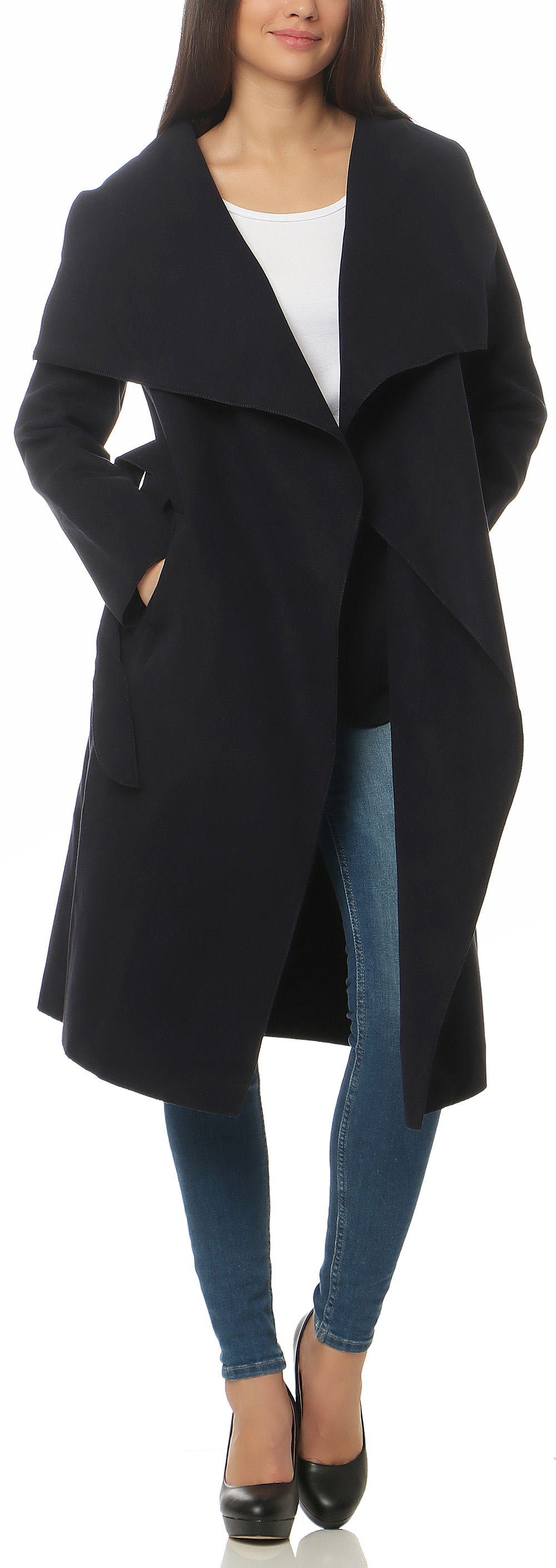 malito more than fashion Langmantel malito Damen Mantel lang mit Wasserfall-Schnitt, Trenchcoat mit Gürte langer Mantel im Wasserfall-Schnitt mit Bindegürtel Einheitsgröße