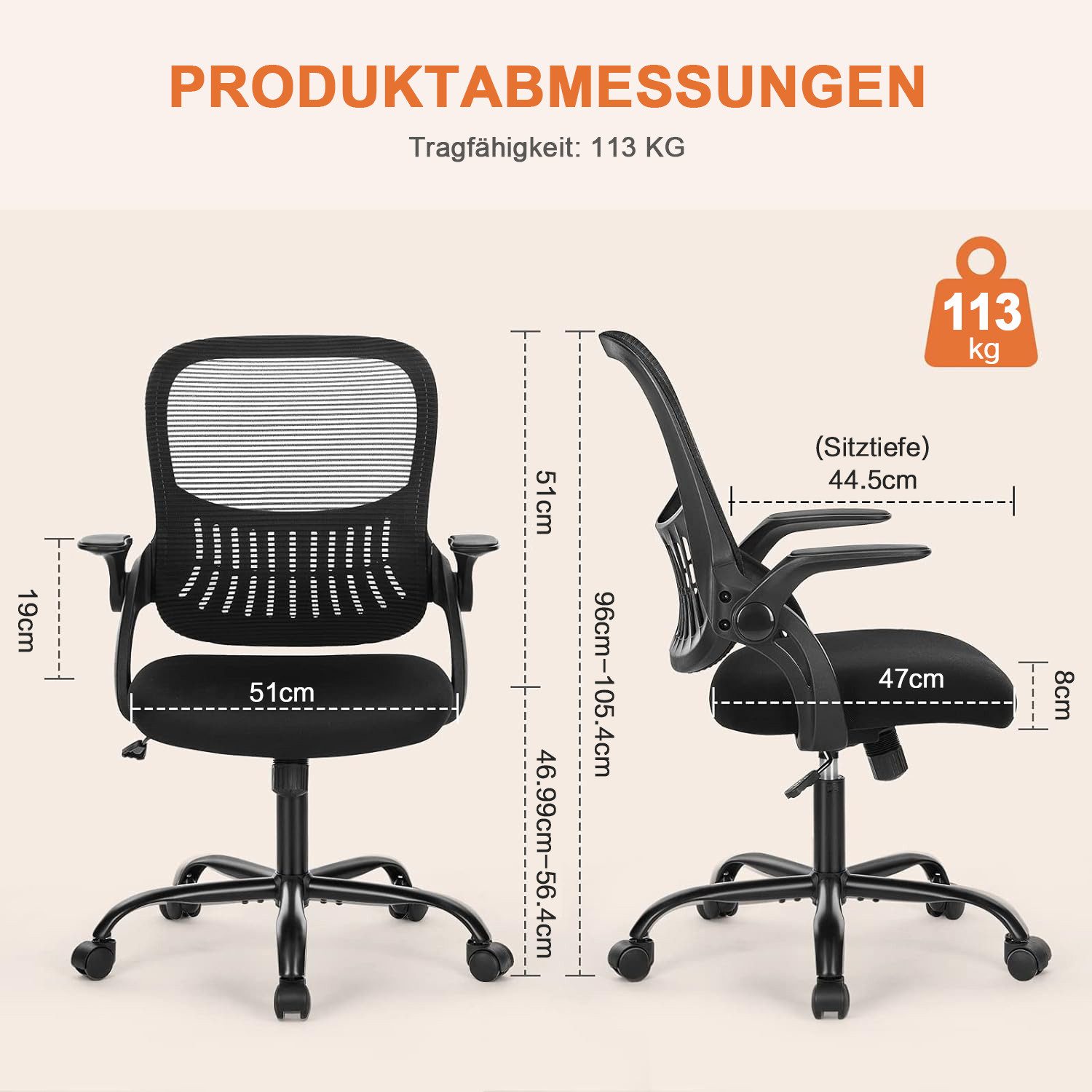 DUMOS Bürostuhl Ergonomisch Schreibtischstuhl mit Lendenwirbelstütze(Schwarz), Verstellbaren Armlehnen Drehstuhl, Höhenverstellbarer Office Chair