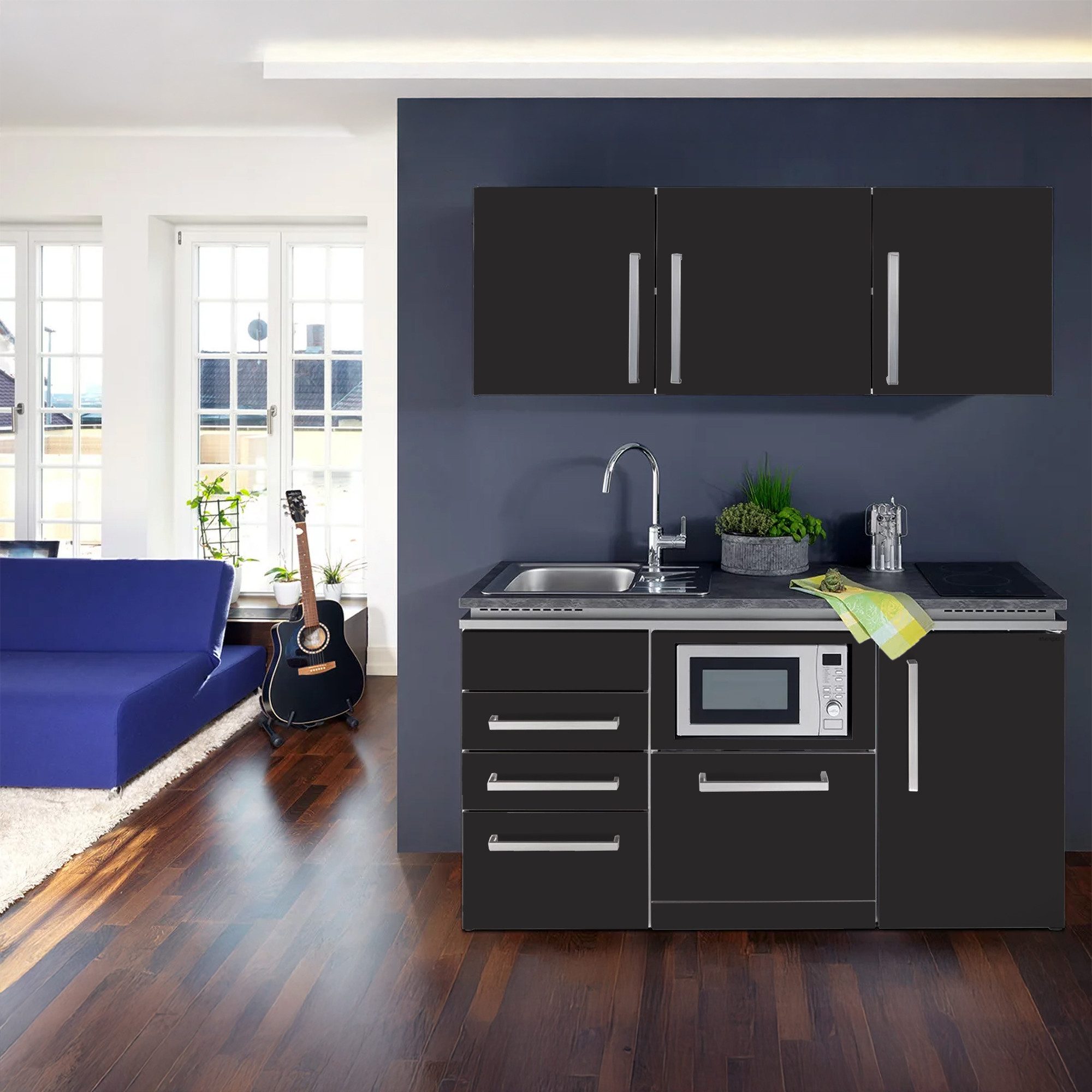 Stengel Кухніzeile 160 cm SOFIA Кухніblock aus Metall mit E-Geräten, Singleküche, Кухніblock mit Spüle, E-Geräten: Kühlschrank, Induktionskochfeld