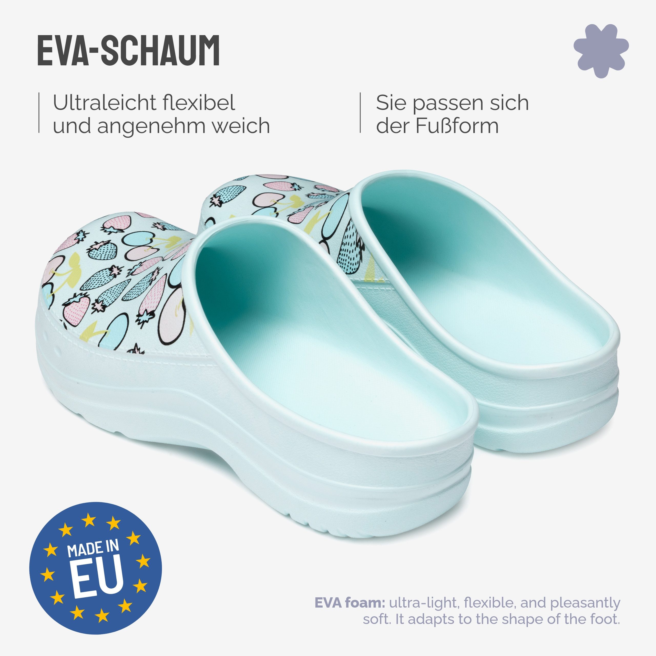 Ladeheid Gartenclogs für Damen Ultraleicht EVA Gemustert Gartenschuhe LA-CA-27 Clog (38 EU, Aquablau/Fruchtmotiv2) Wasserdicht & Flexibel