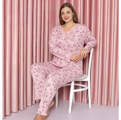 fashionshowcase Schlafanzug Plus Size Damen Pyjama Set Bambus Schlafanzug Langärmlig große Größen (2 teiliges Set, Pijama-Set) mit Knöpfen und Spitzendetail am Ausschnitt