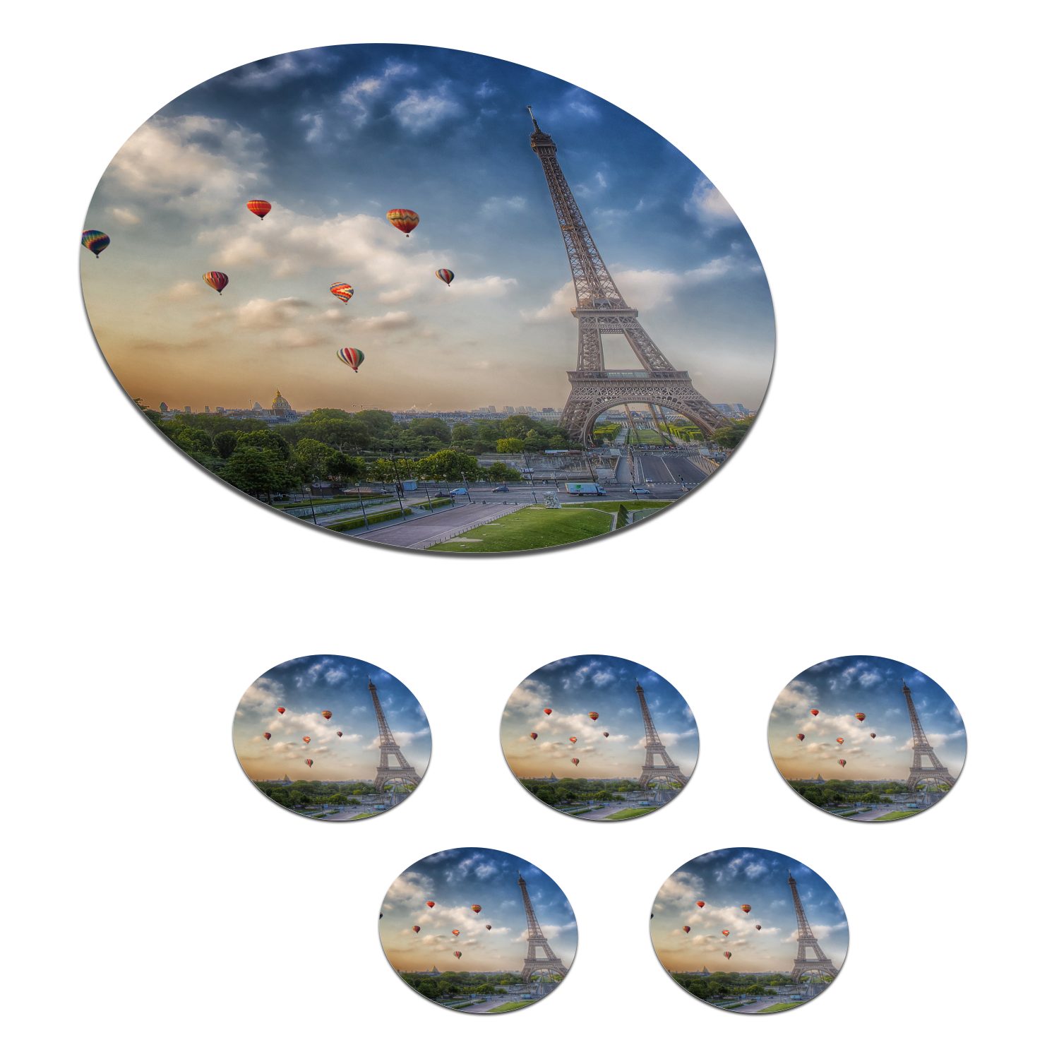 MuchoWow Glasuntersetzer Der Eiffelturm im Korkuntersetzer, Hintergrund Tassenuntersetzer, Heißluftballons Becher Tasse, über für mit Getränkeuntersetzer, Paris, Zubehör Gläser, 6-tlg