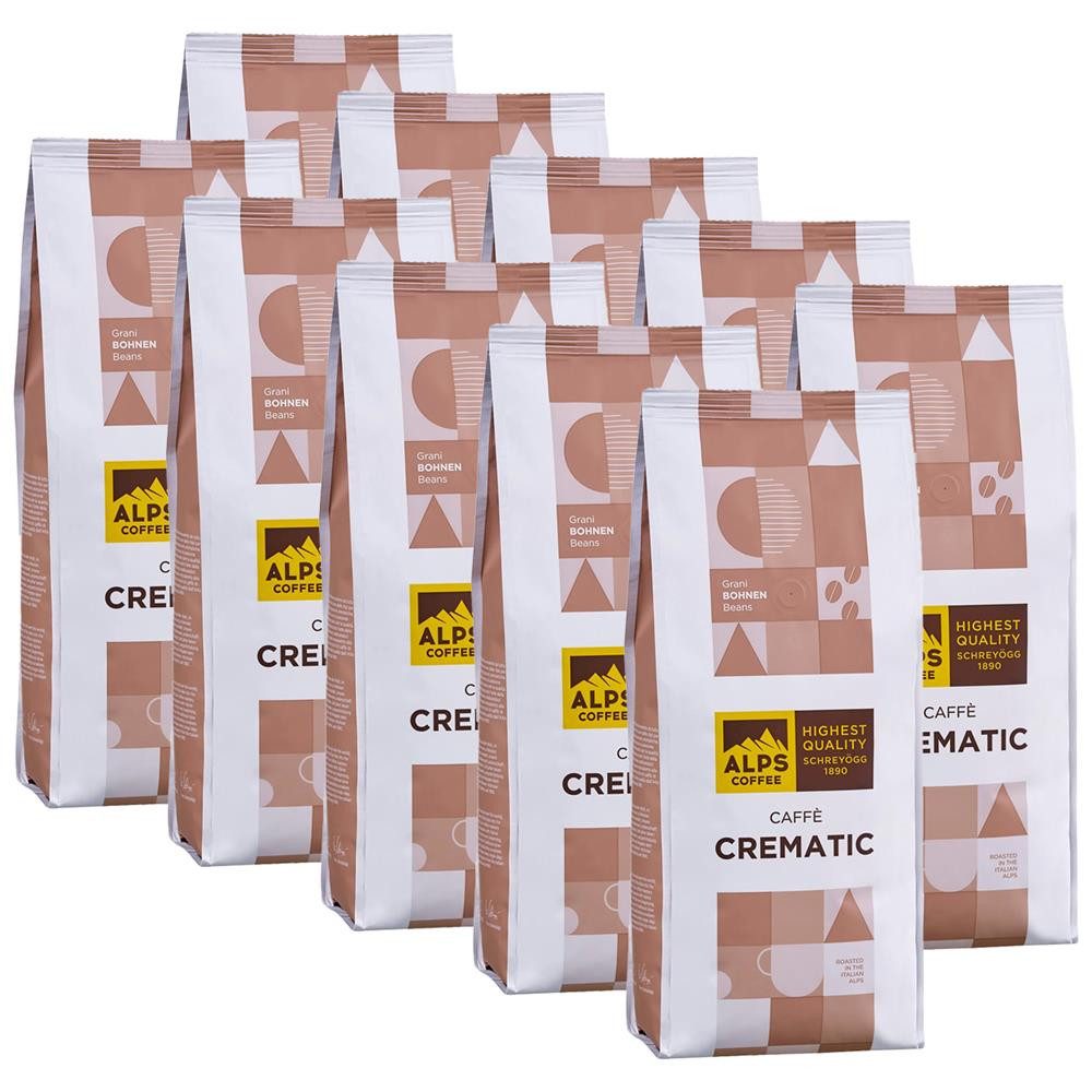 Alps Coffee Kaffee Caffè Crematic 10x 1 kg Kaffeebohnen Kaffee, 10 x 1000 g, besonders weich, bekömmlich und aromatisch