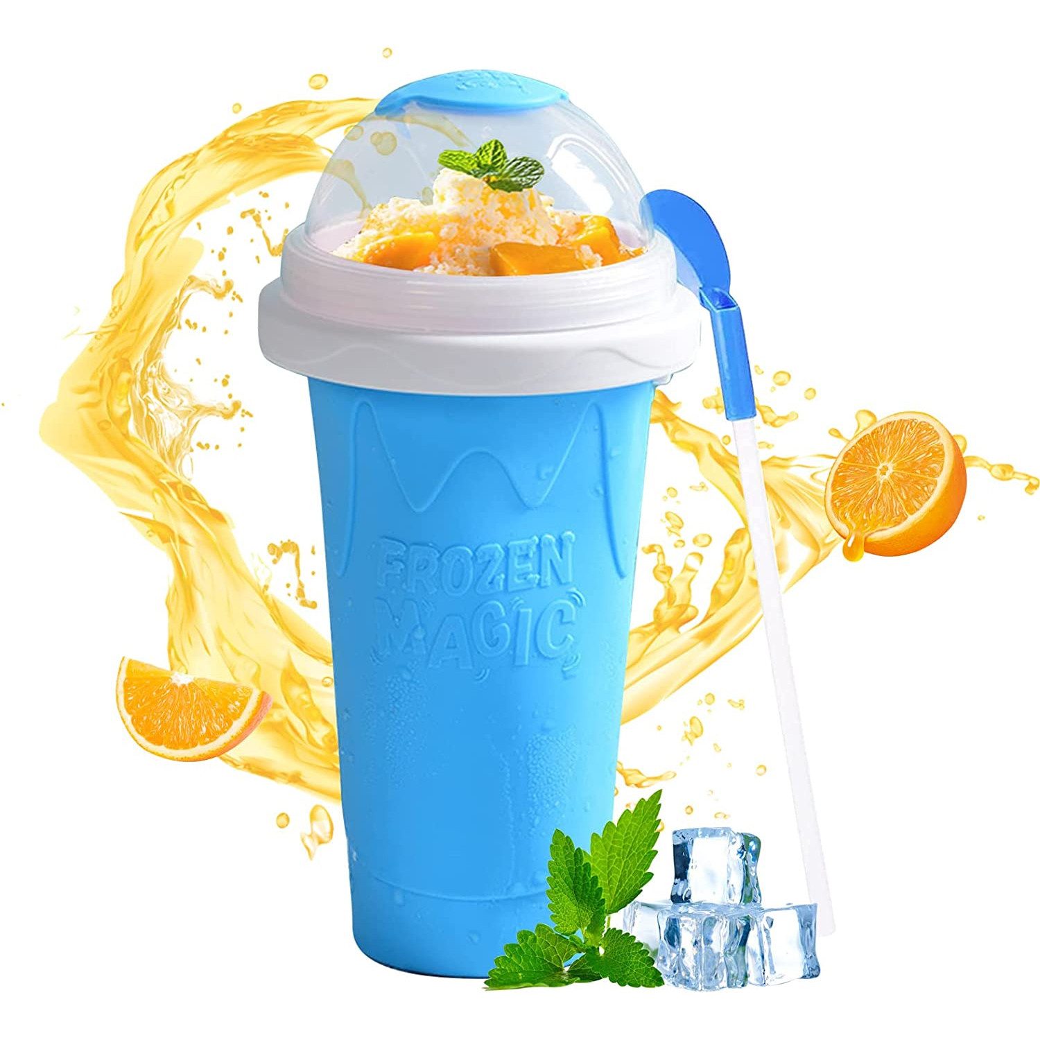 TUWENA Smoothie-Maker Slush Becher, Slushy Squeeze Cup, Smoothie Maker mit Strohhalm Löffel