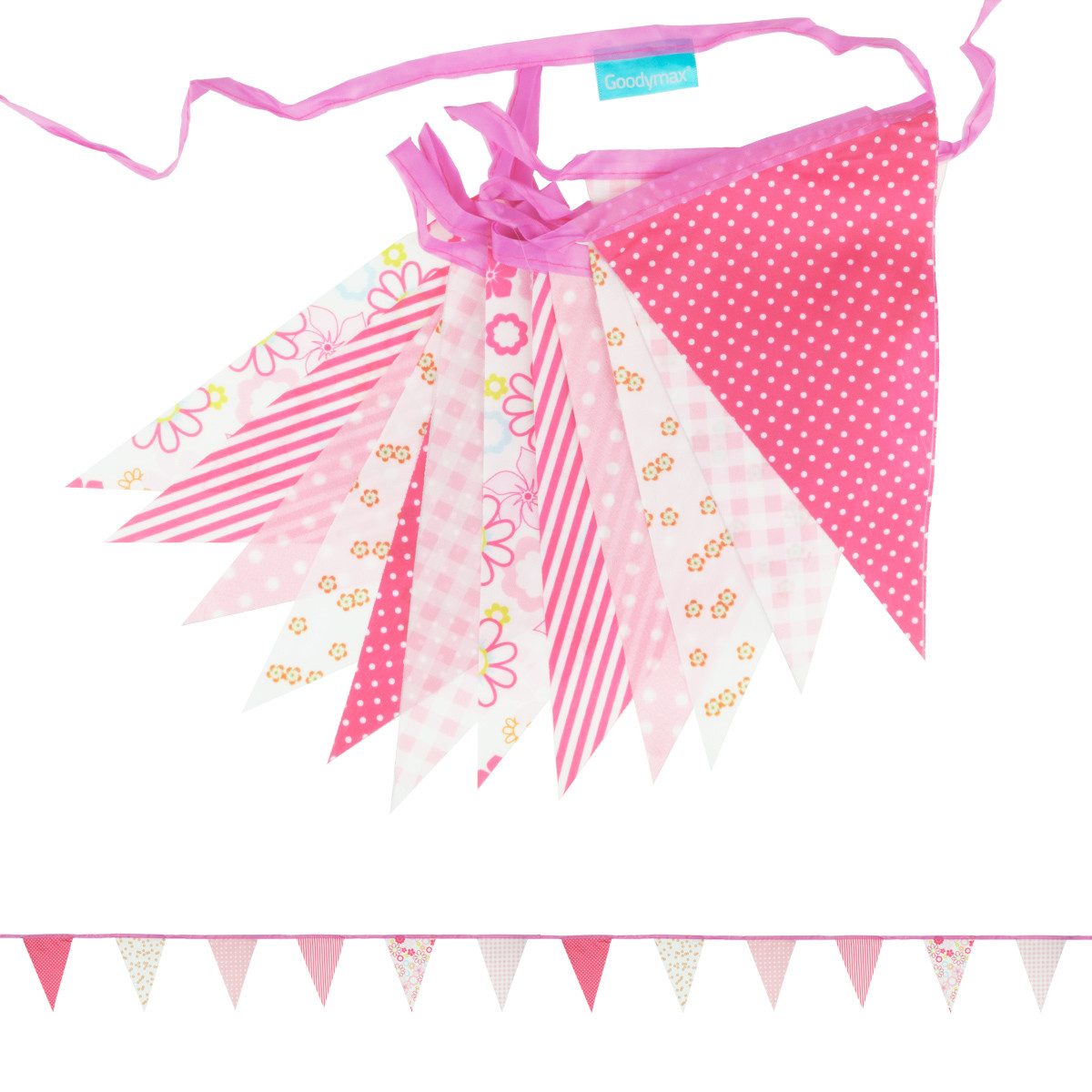 Goodymax Hängedekoration Wimpelkette Polyester Stoff mit Muster / Blumen Streifen Punkte, 12 Wimpel á 14 x 20 cm
