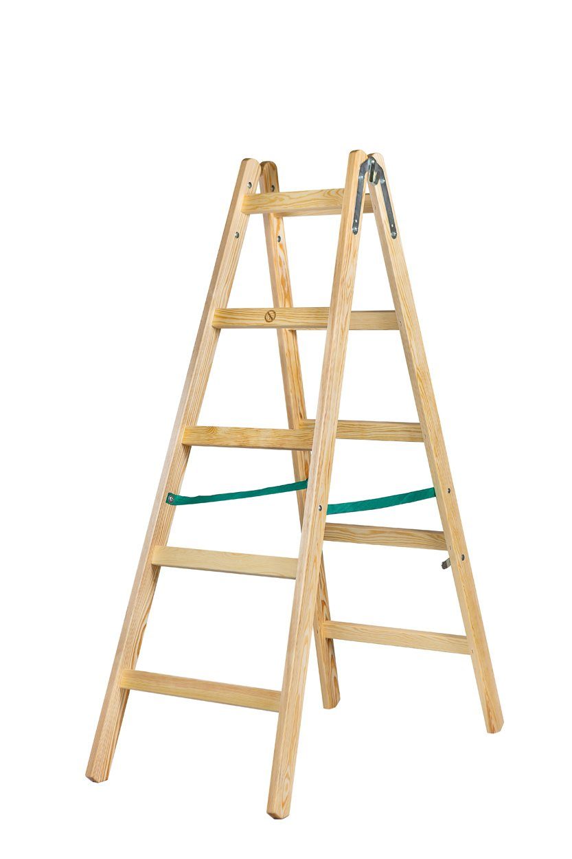 Systafex® Doppelleiter Leiter Doppelstufenleiter Stehleiter Holzleiter 2x5 Stufen Höhe 1,55m (Fertige Doppelstufenleiter mit 5 Stufen, 1-St., Leiter mit Sicherungsband und Haken), Haken und Sicherungsband