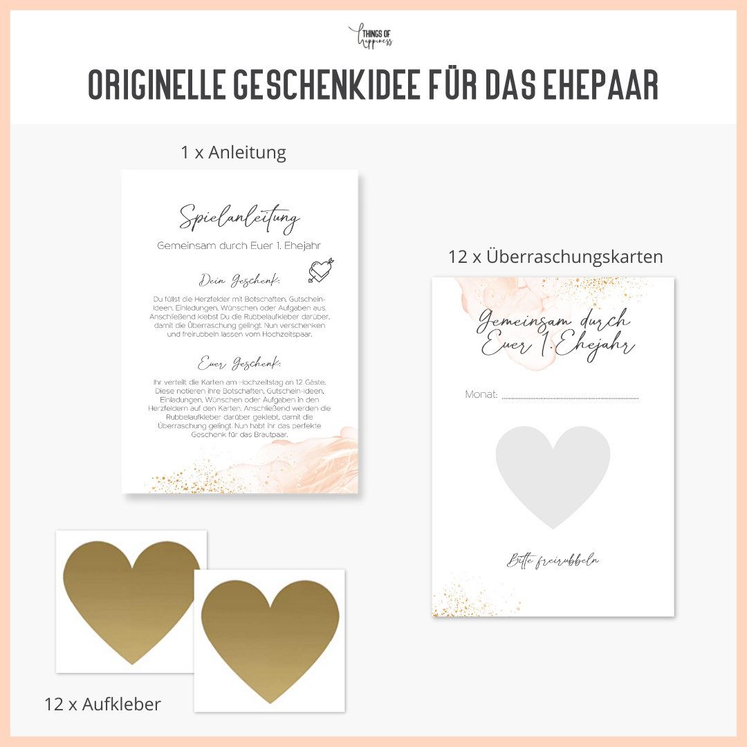 Things of Happiness Geschenkkarte Hochzeitsgeschenk “Gemeinsam durch Euer 1. Jahr", Hochzeitsspiel, 12 Rubbelkarten als Gutscheine für das Brautpaar