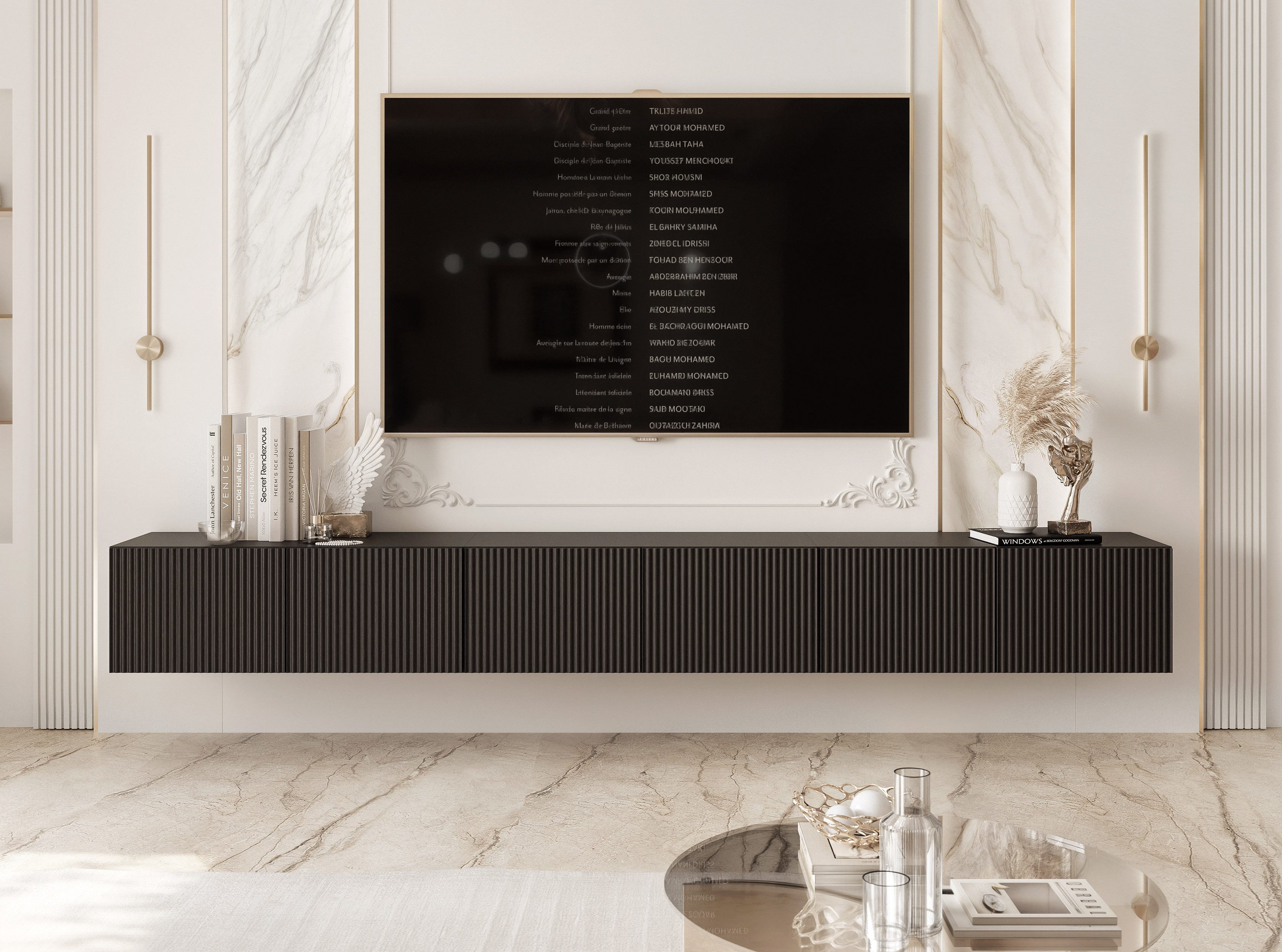 yourhouse24 Lowboard TV ANGEL 300 mit LED-Beleuchtung – Geriffelte Fronten