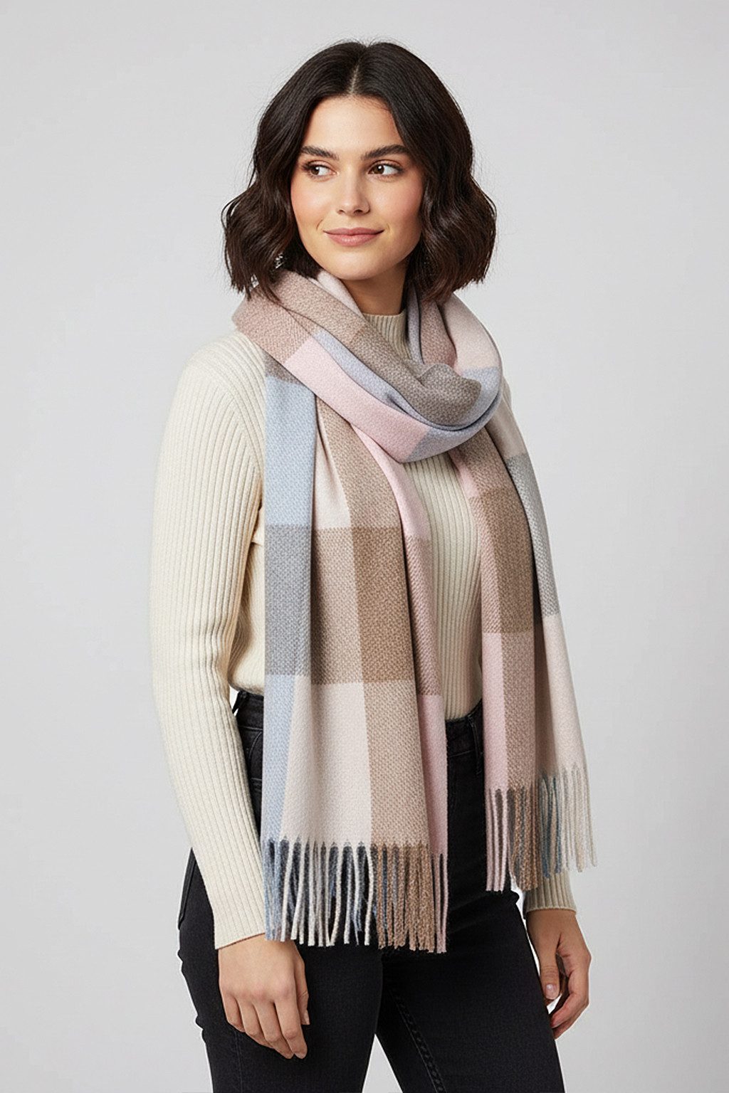 Faera Modeschal Weicher Strick Schal mit Fransen - für Damen, (1-St), Normal Fit Kariert wärmend Casual-Style ideal für Urlaub – Bild 2 von 3