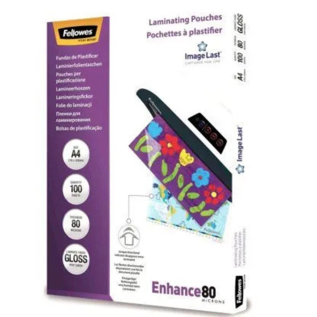 FELLOWES Schutzfolie 100 Fellowes Enhance80 ImageLast Laminierfolien, (Packung, 100-St., 100 Laminierfolien), Glänzende Oberfläche für brillante Ergebnisse
