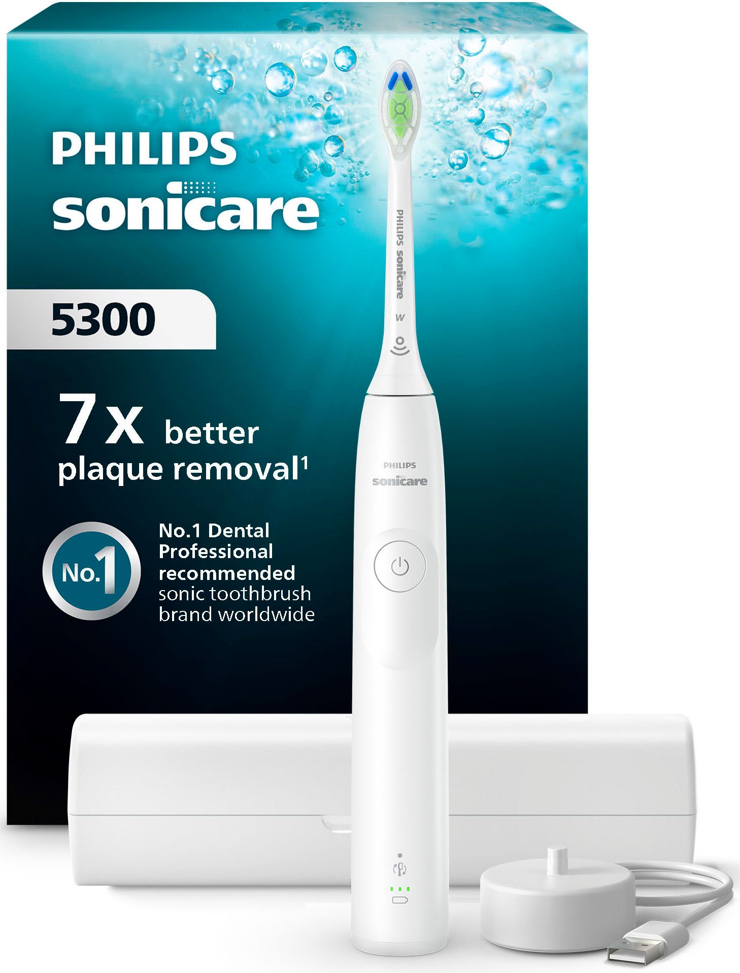 Philips Sonicare Elektrische Zahnbürste Series 5300, Aufsteckbürsten: 1 St., mit Andruckkontrolle, 2 Intensitätsstufen, inkl. Ladegerät, Reiseetui