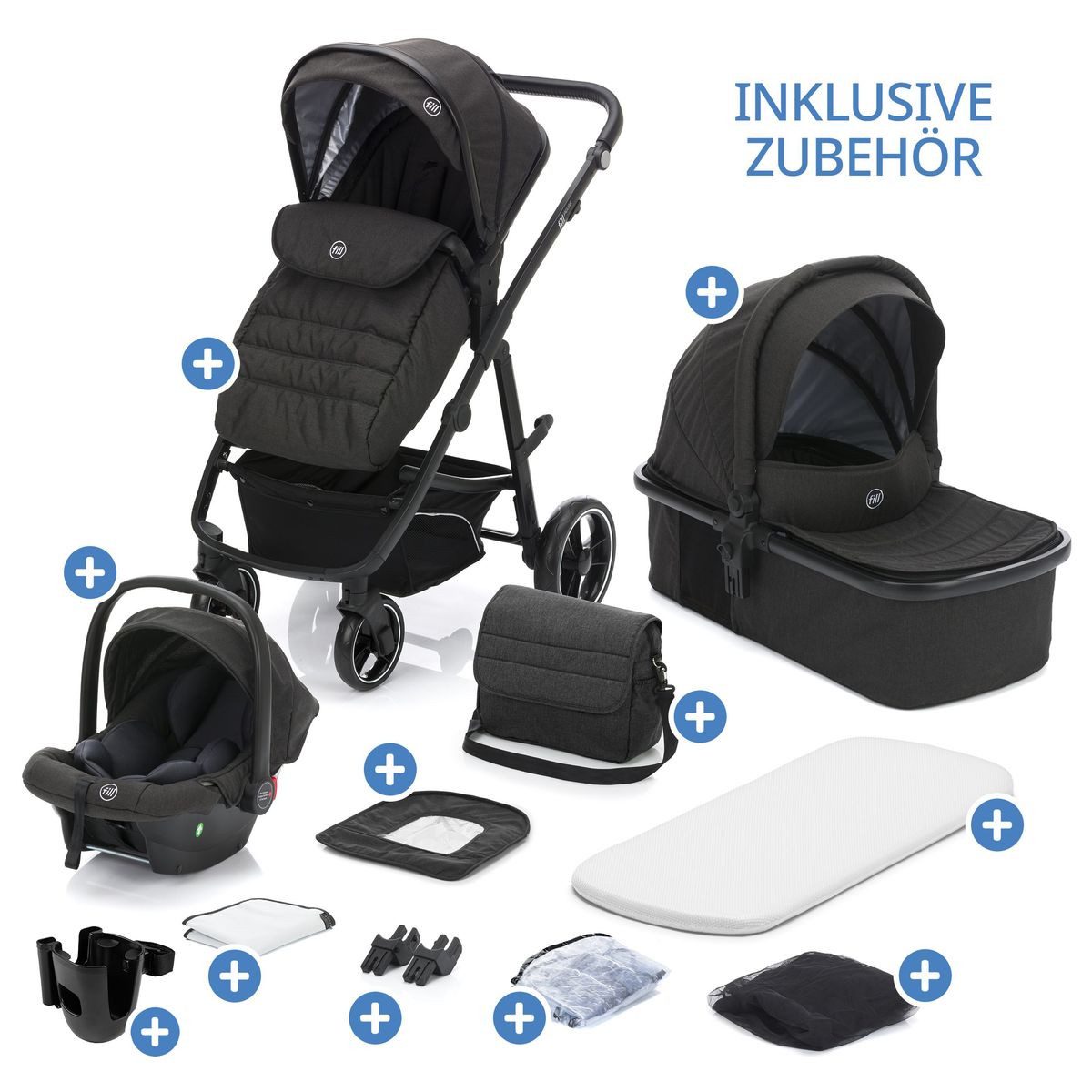 Fillikid Kombi-Kinderwagen Fill Jaguar - Dunkelgrau Melange, 3in1 Kinderwagen mit Babyschale, Babywanne, Sportsitz & Wickeltasche